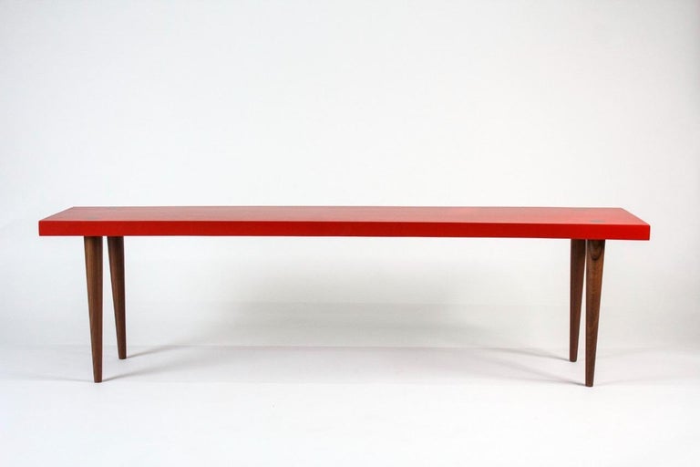 Beautiful one-of-a-kind great craftsmanship table/bench with solid walnut legs and red lacquer top, custom made solid and sturdy.