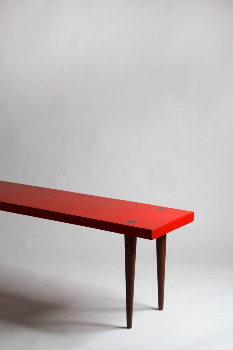 Mid-Century Modern Custom Made Red Lacquer Bench/Coffee Table in Solid Walnut Legs