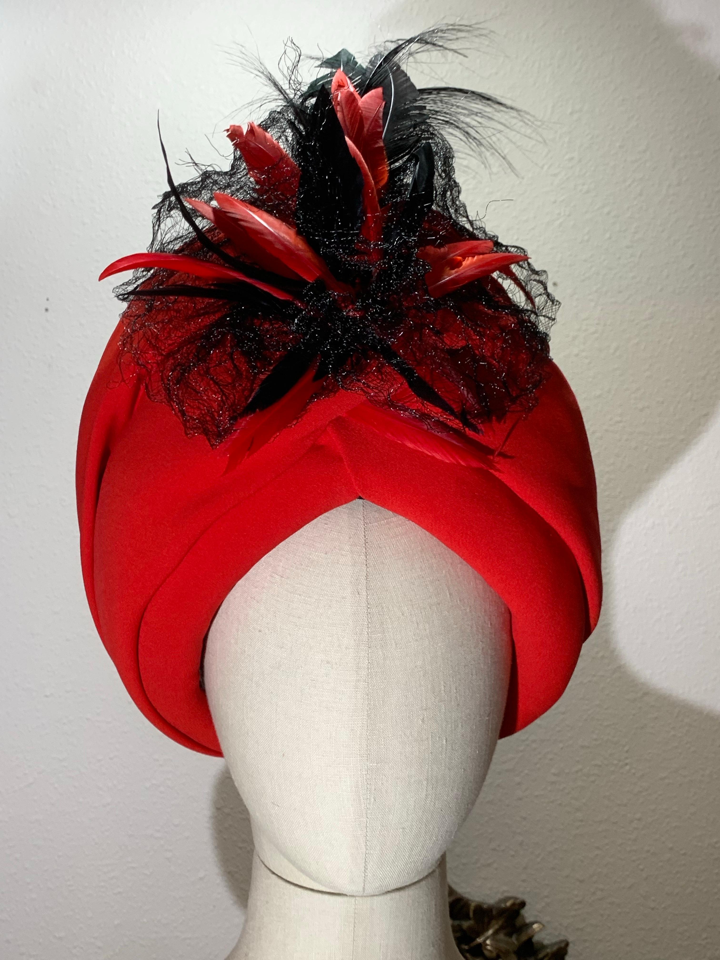 Custom Made Red Silk Crepe Wrapped Turban w Black Feather & Horsehair Flourish For Sale 6