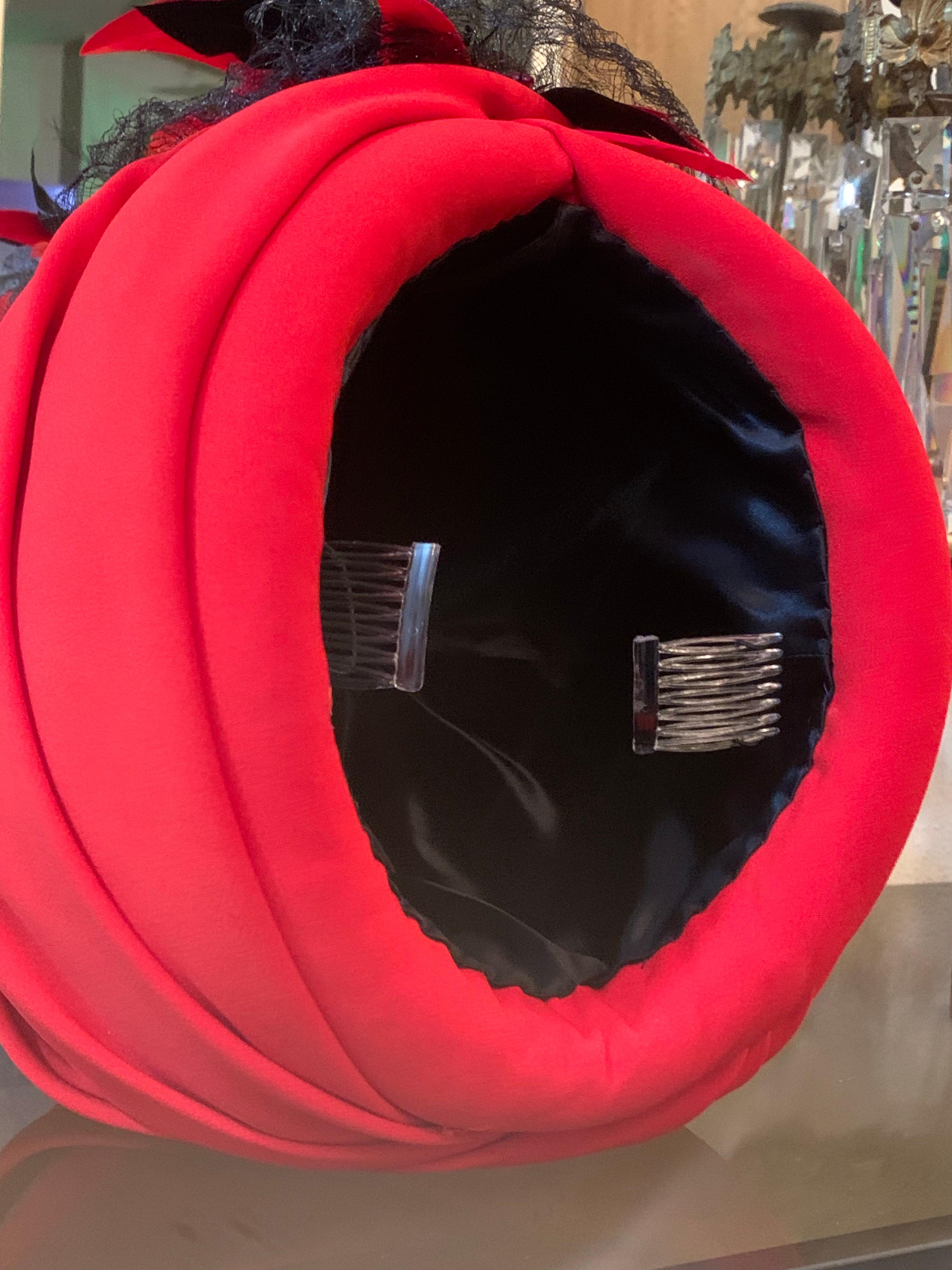 Custom Made Red Silk Crepe Wrapped Turban w Black Feather & Horsehair Flourish For Sale 7
