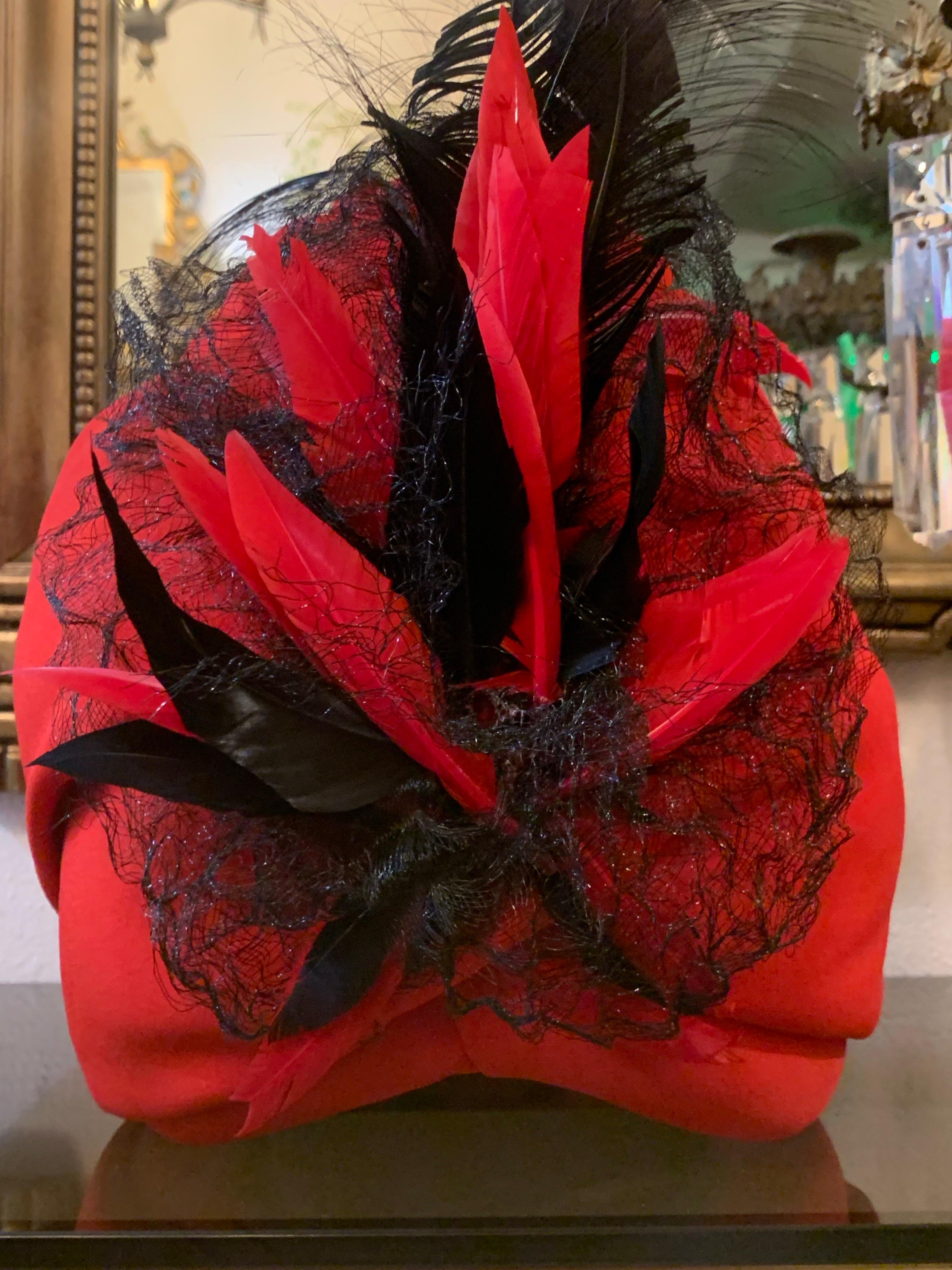 Custom Made Red Silk Crepe Wrapped Turban w Black Feather & Horsehair Flourish For Sale 8