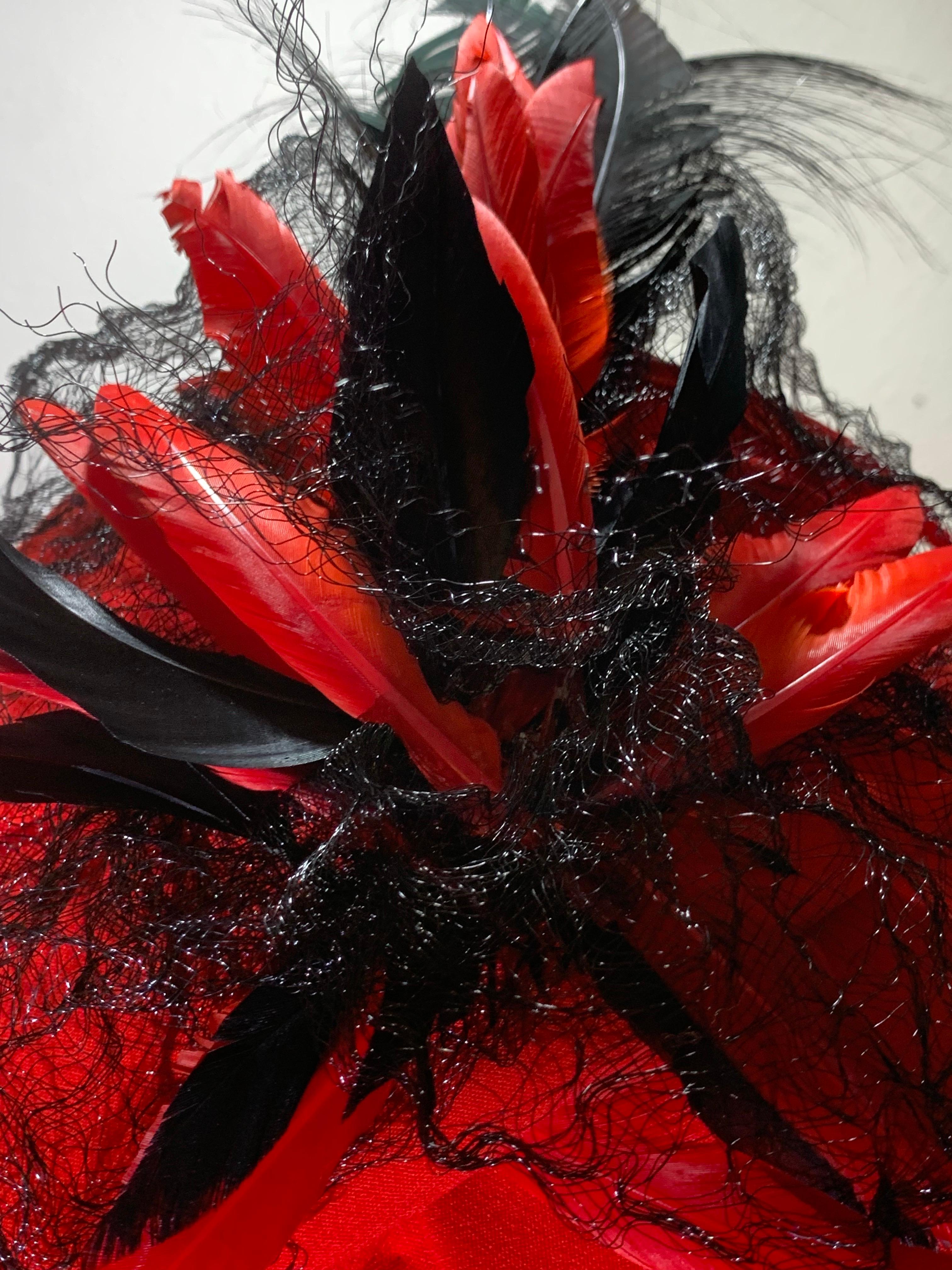 Custom Made Red Silk Crepe Wrapped Turban w Black Feather & Horsehair Flourish For Sale 9