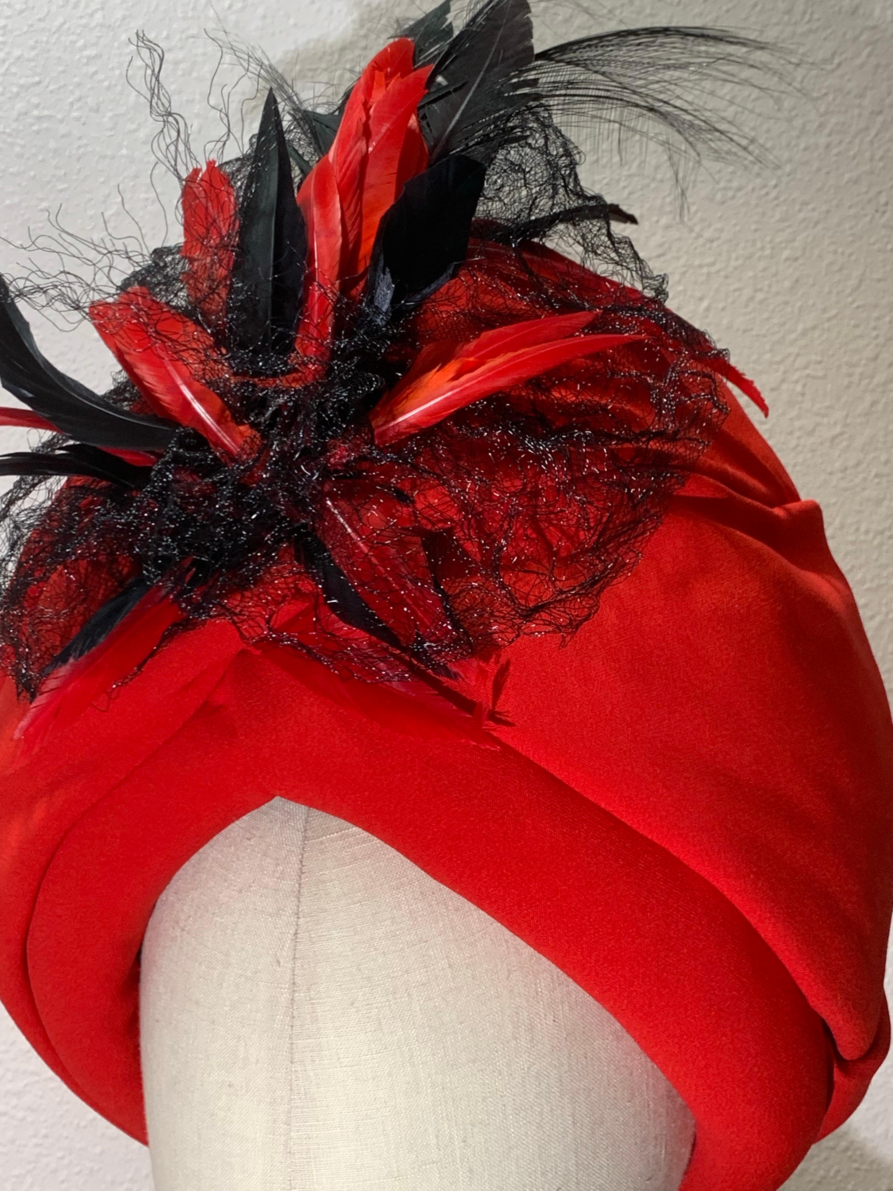 Custom Scarlet Red Silk Crepe Turban w Red and Black Feathers and Horsehair at Front: Created by Suzanne Couture Millinery. Scarlet red in a bold shape, wrapped and draped over a stiffened base for volume. Red and black coq feathers and horsehair