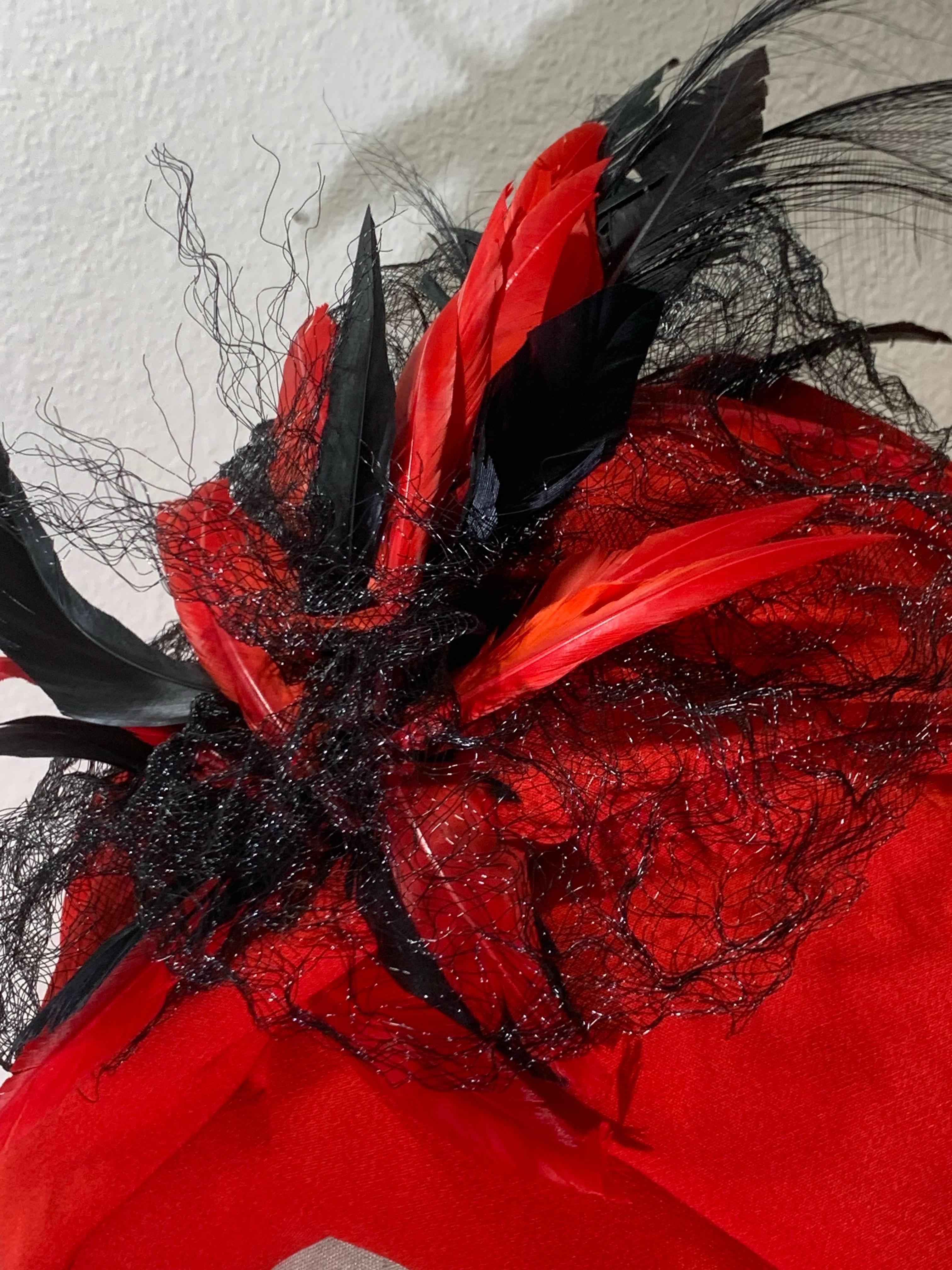 Custom Made Red Silk Crepe Wrapped Turban w Black Feather & Horsehair Flourish In Excellent Condition For Sale In Gresham, OR