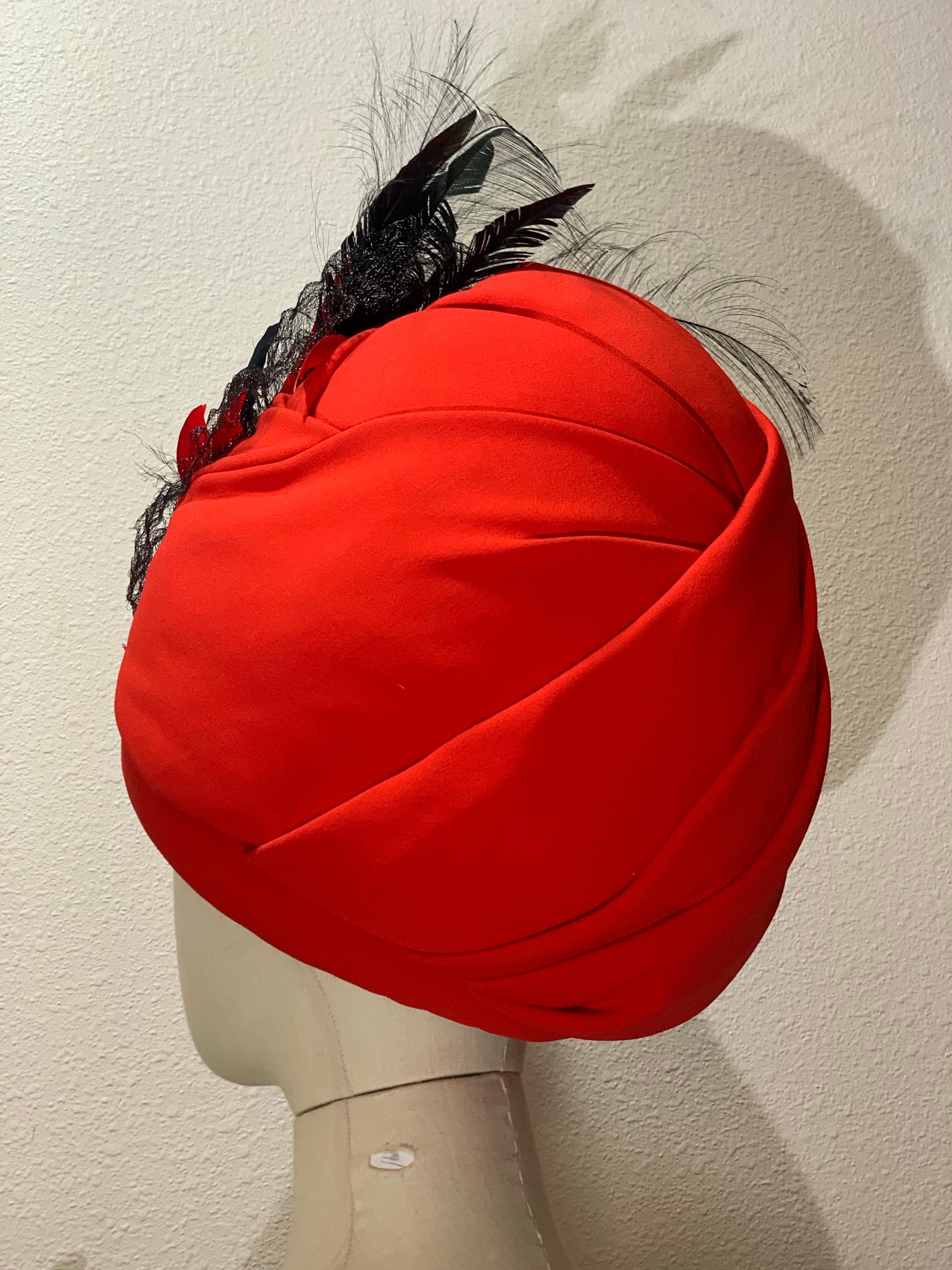 Women's or Men's Custom Made Red Silk Crepe Wrapped Turban w Black Feather & Horsehair Flourish For Sale
