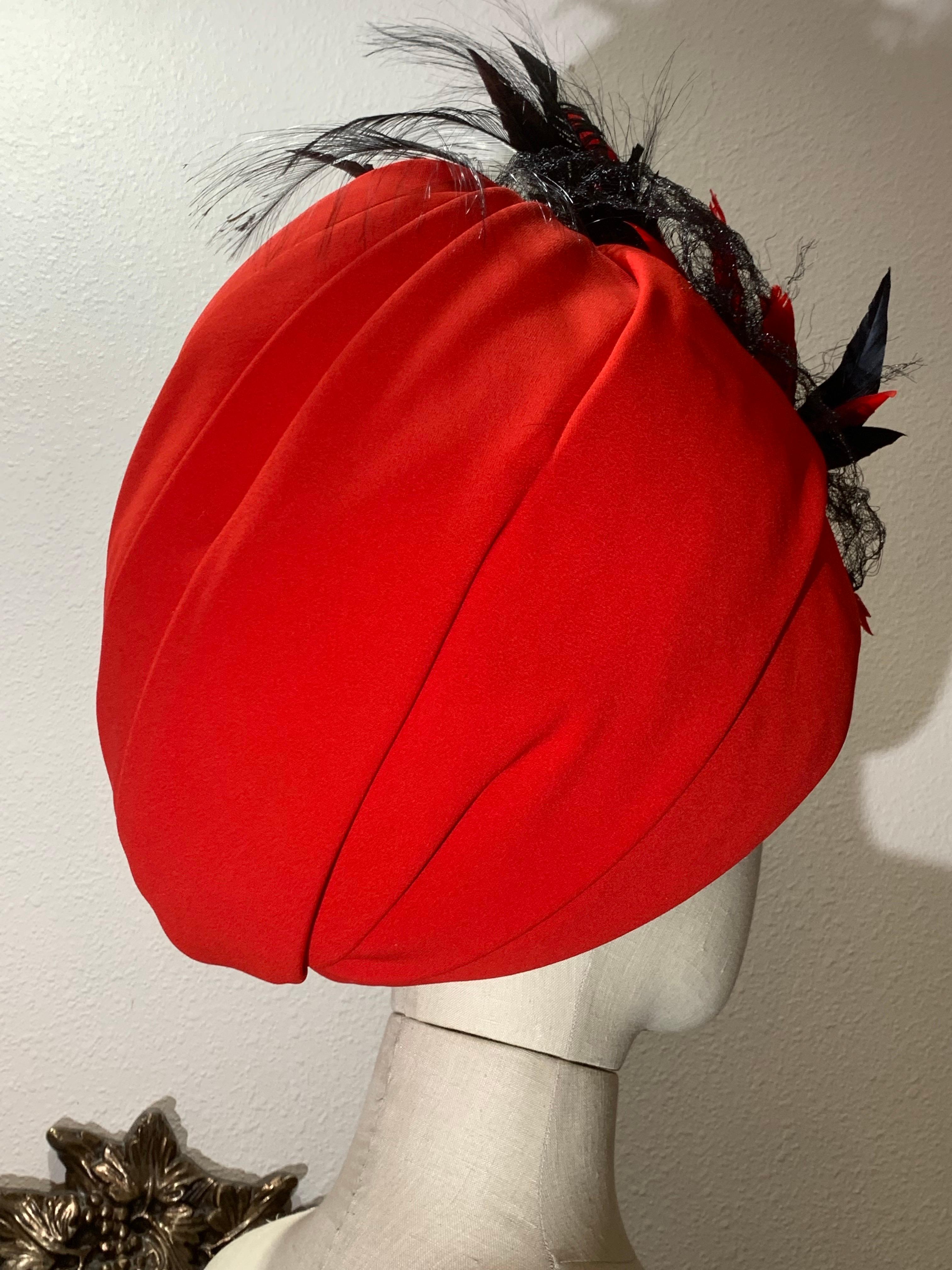 Custom Made Red Silk Crepe Wrapped Turban w Black Feather & Horsehair Flourish For Sale 1