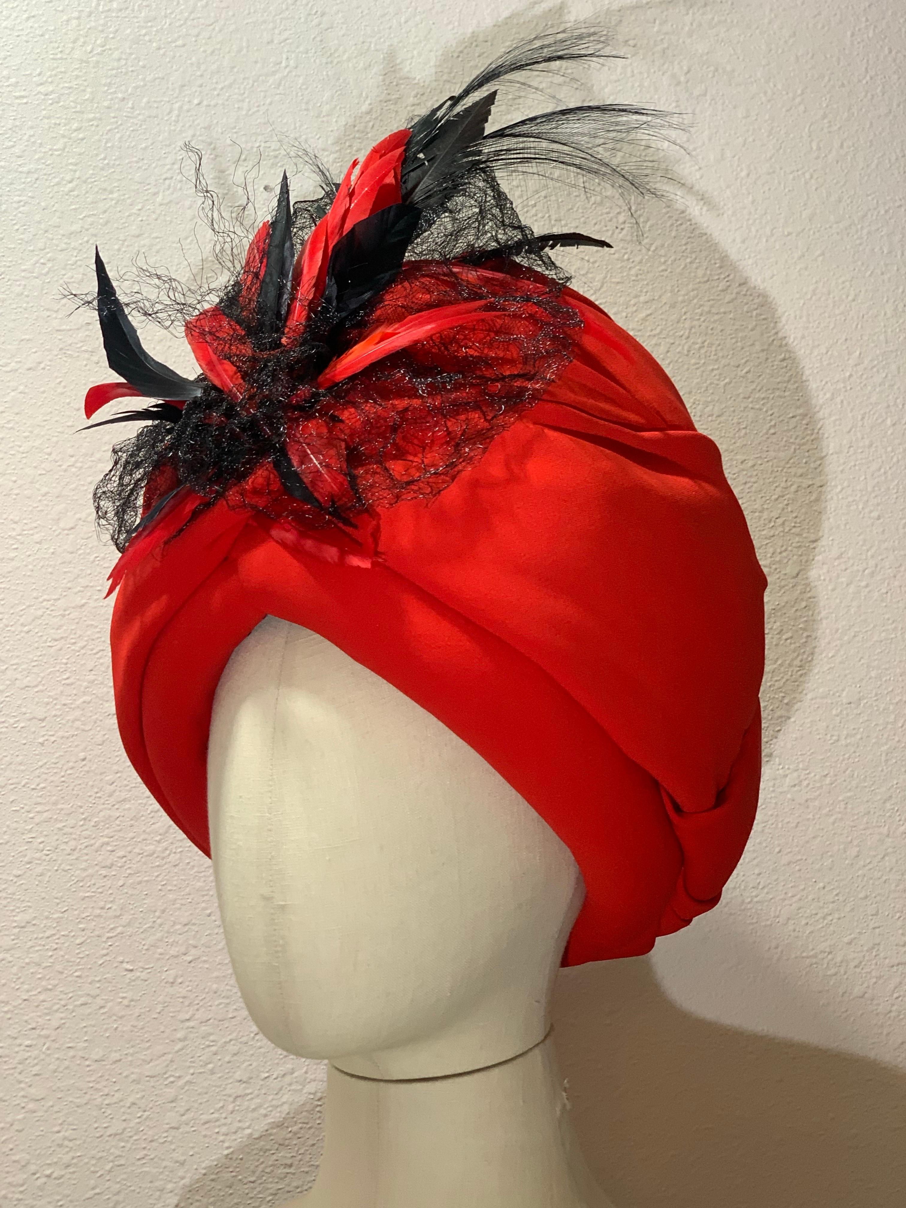 Custom Made Red Silk Crepe Wrapped Turban w Black Feather & Horsehair Flourish For Sale 2