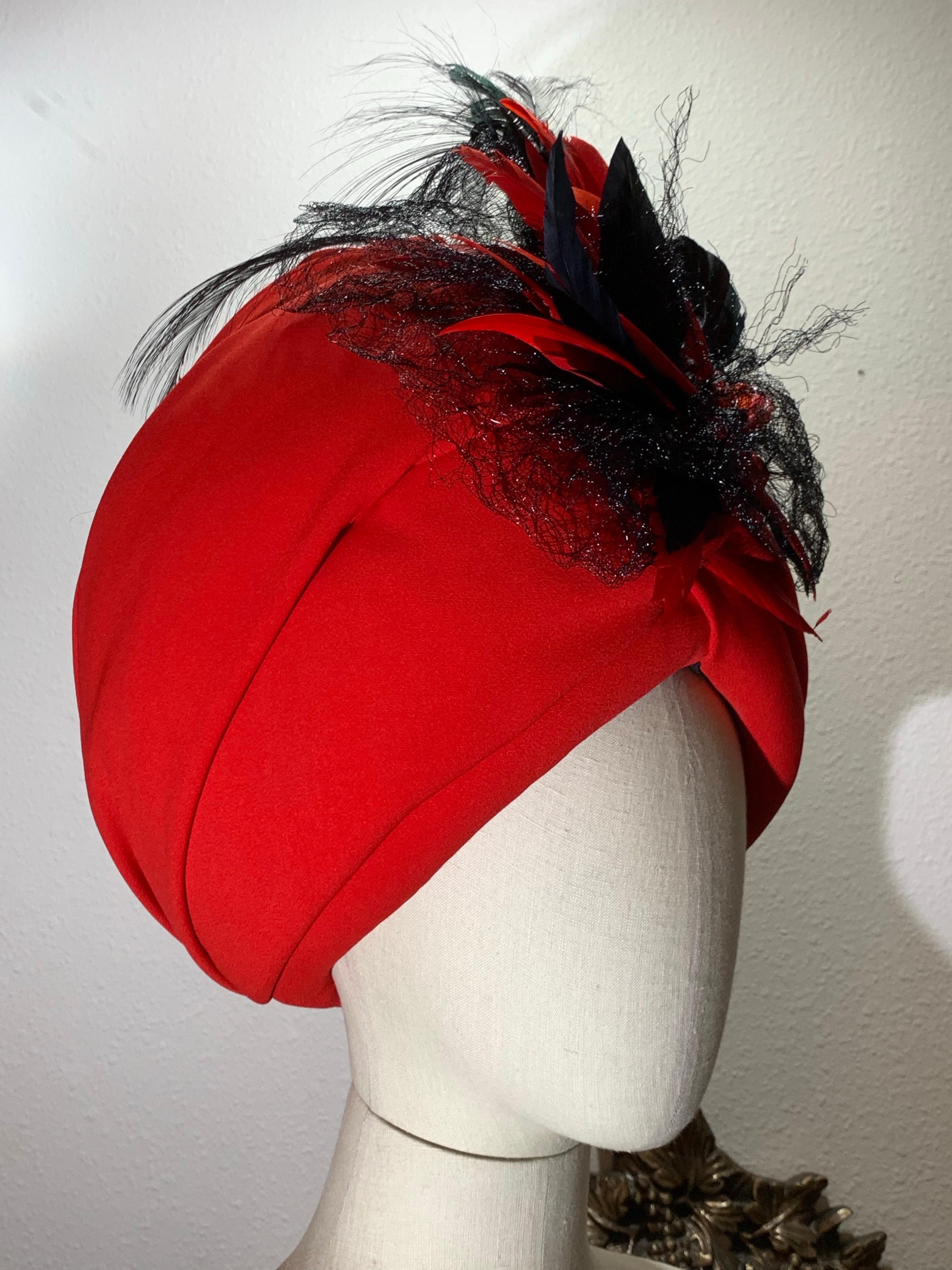 Custom Made Red Silk Crepe Wrapped Turban w Black Feather & Horsehair Flourish For Sale 3