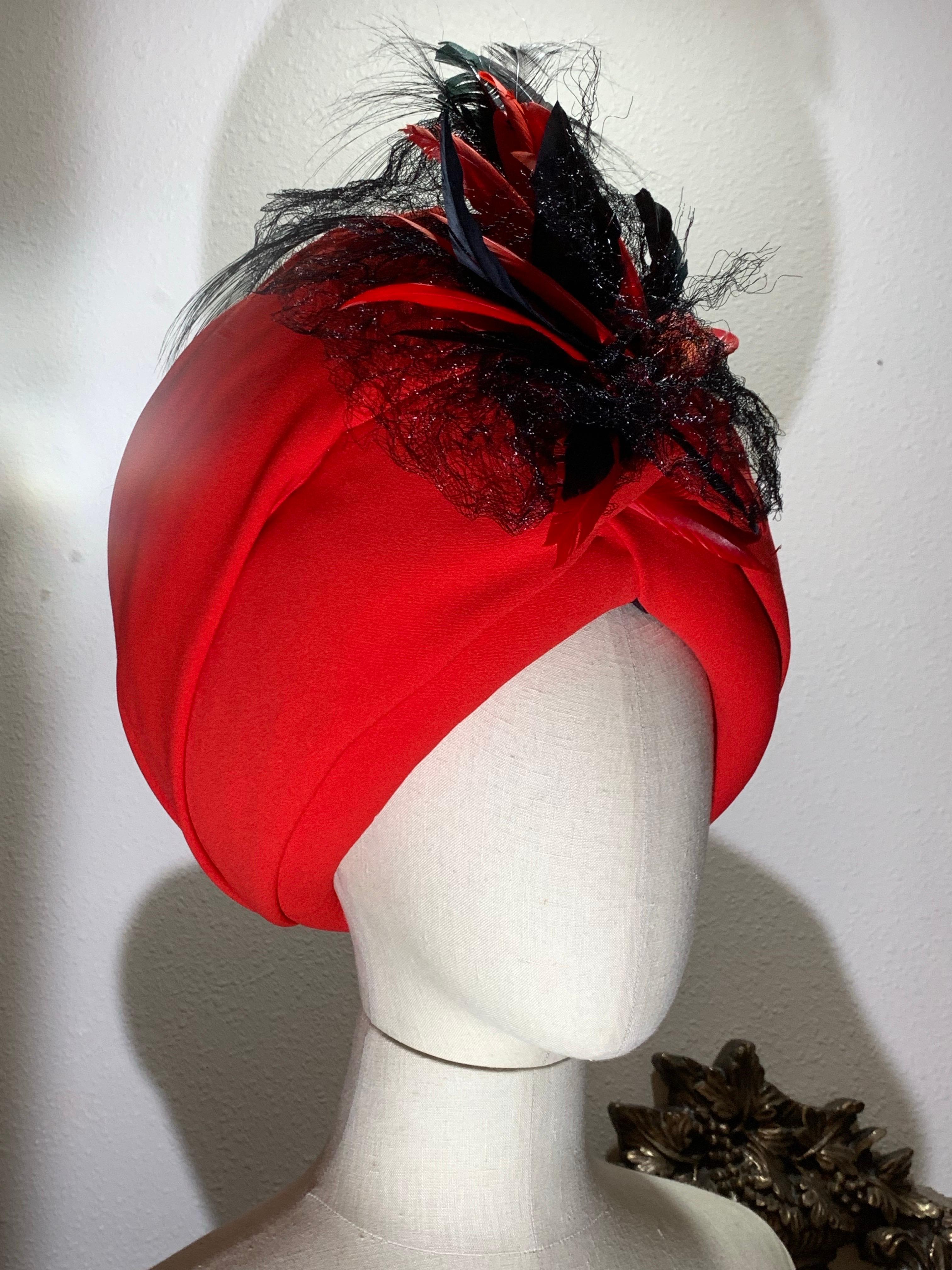 Custom Made Red Silk Crepe Wrapped Turban w Black Feather & Horsehair Flourish For Sale 4