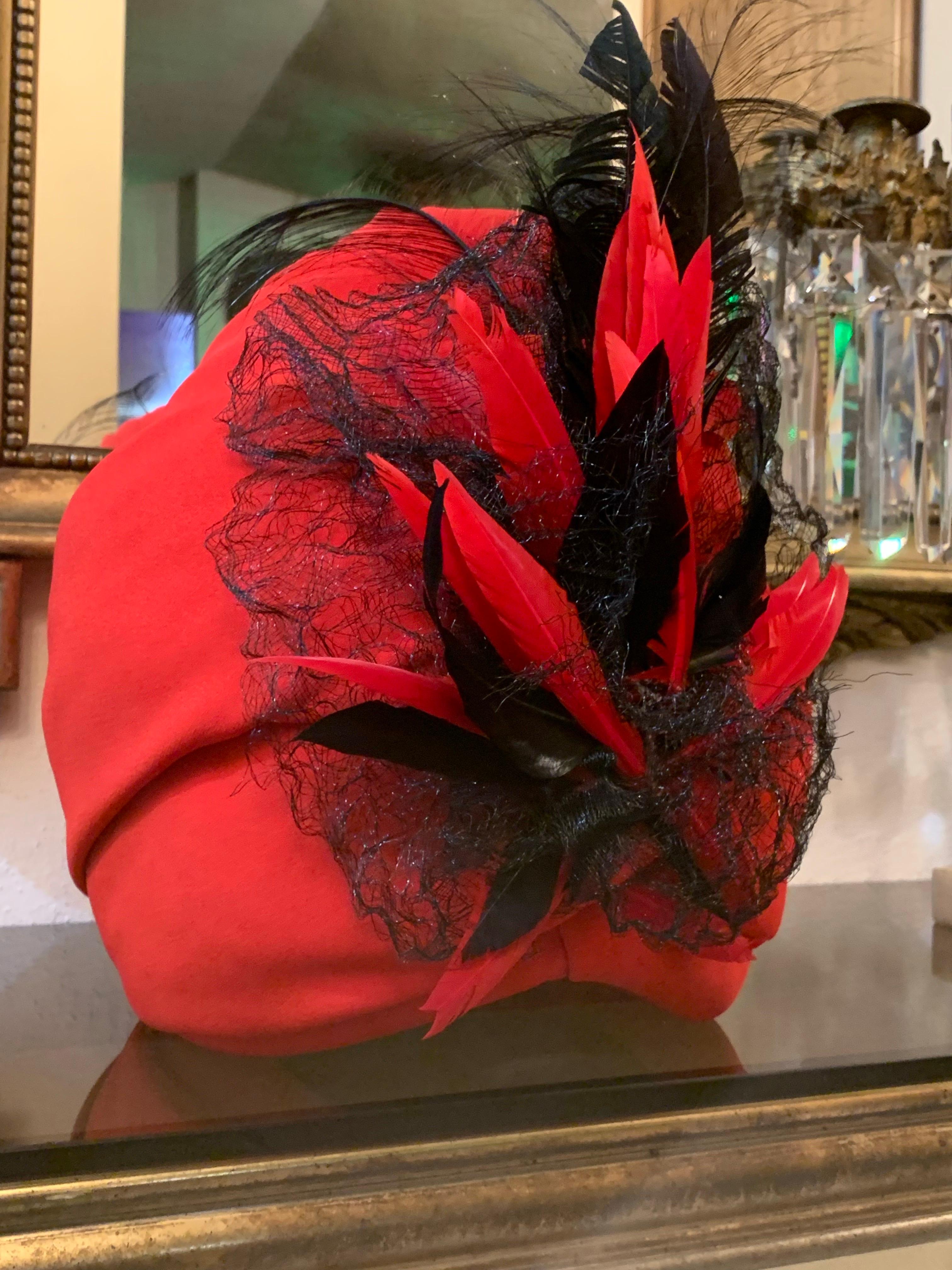 Custom Made Red Silk Crepe Wrapped Turban w Black Feather & Horsehair Flourish For Sale 5