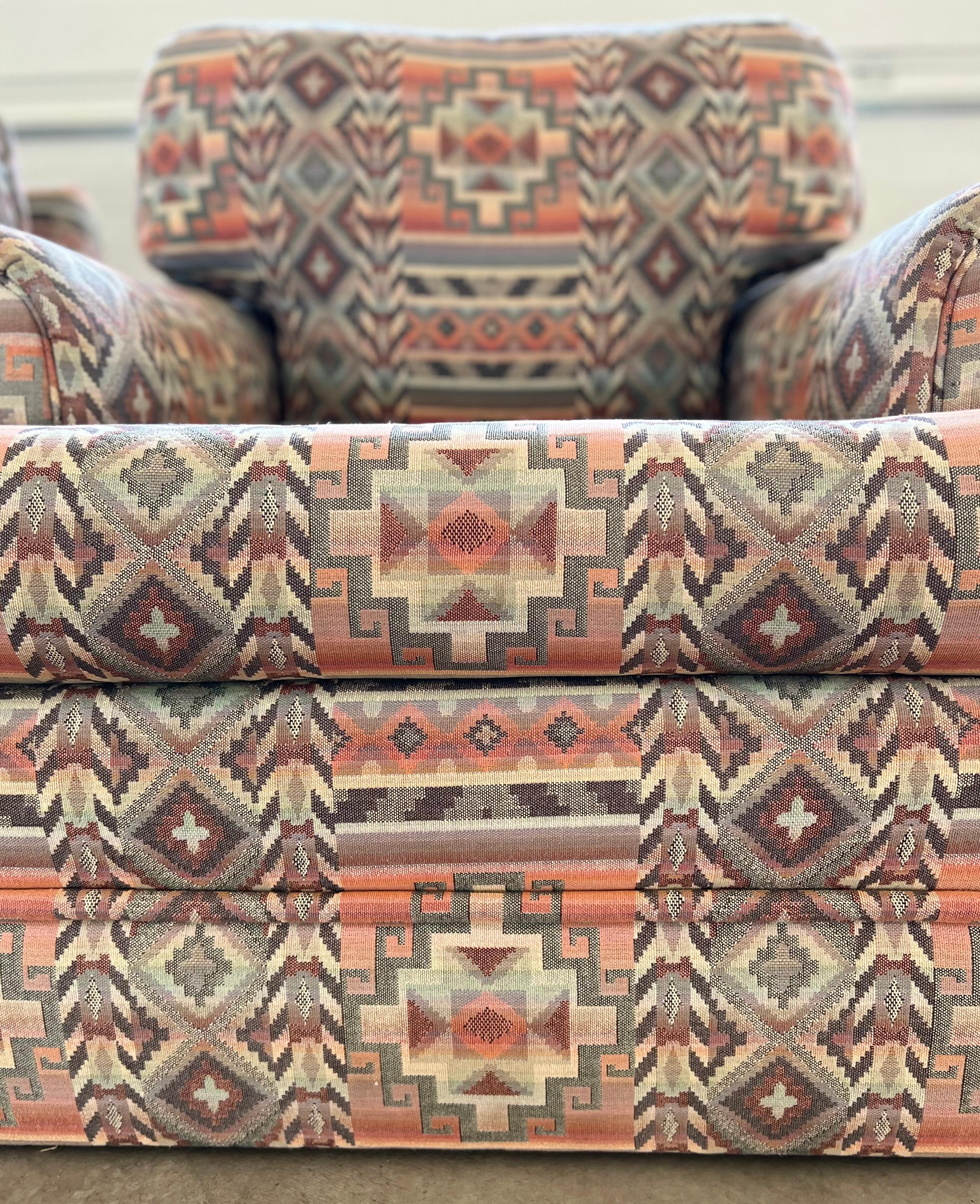 American Custom Made Rolling Upholstered Southwest Aztec Armchair - Set of Two For Sale