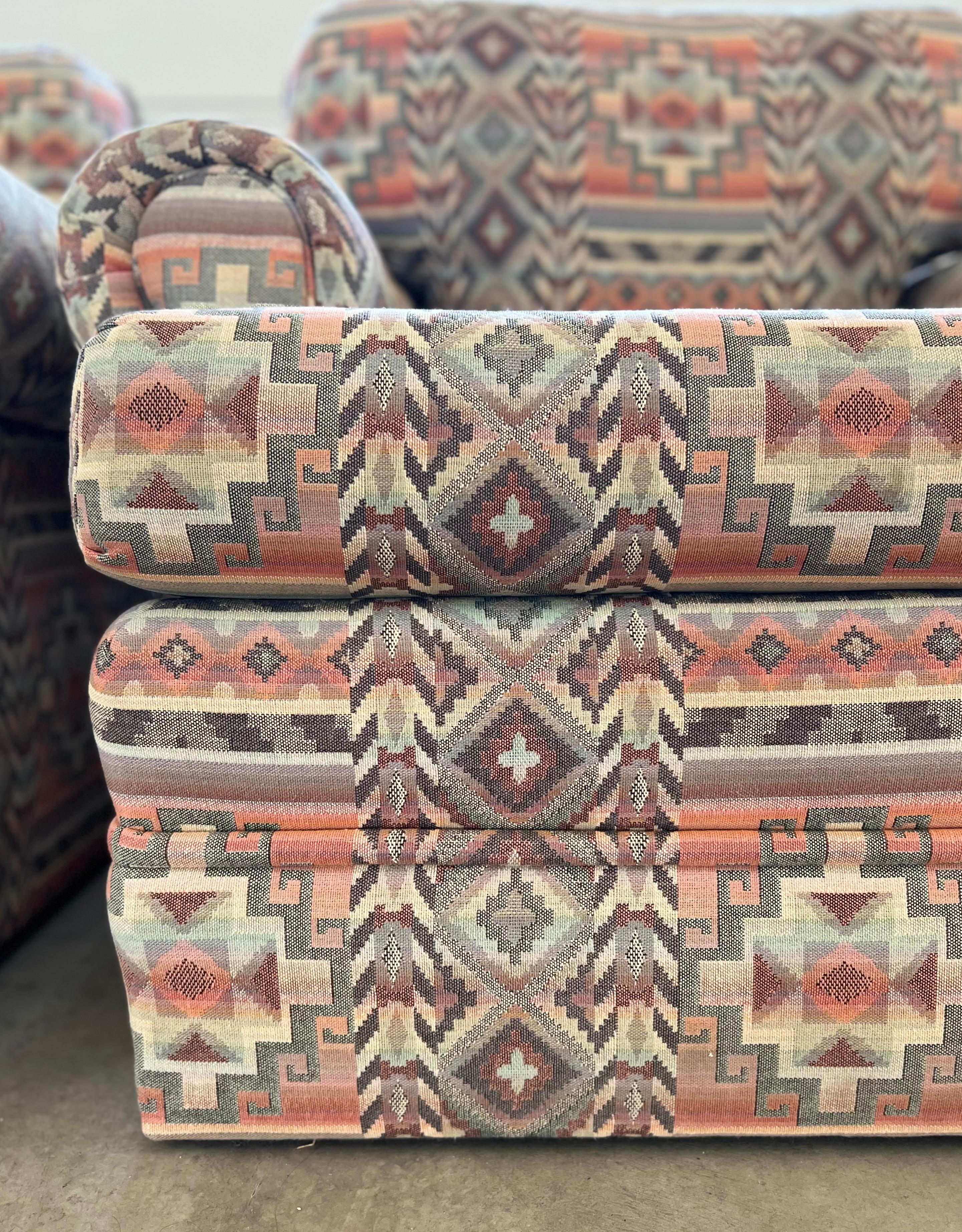 Custom Made Rolling Upholstered Southwest Aztec Armchair - Set of Two In Good Condition In Draper, UT