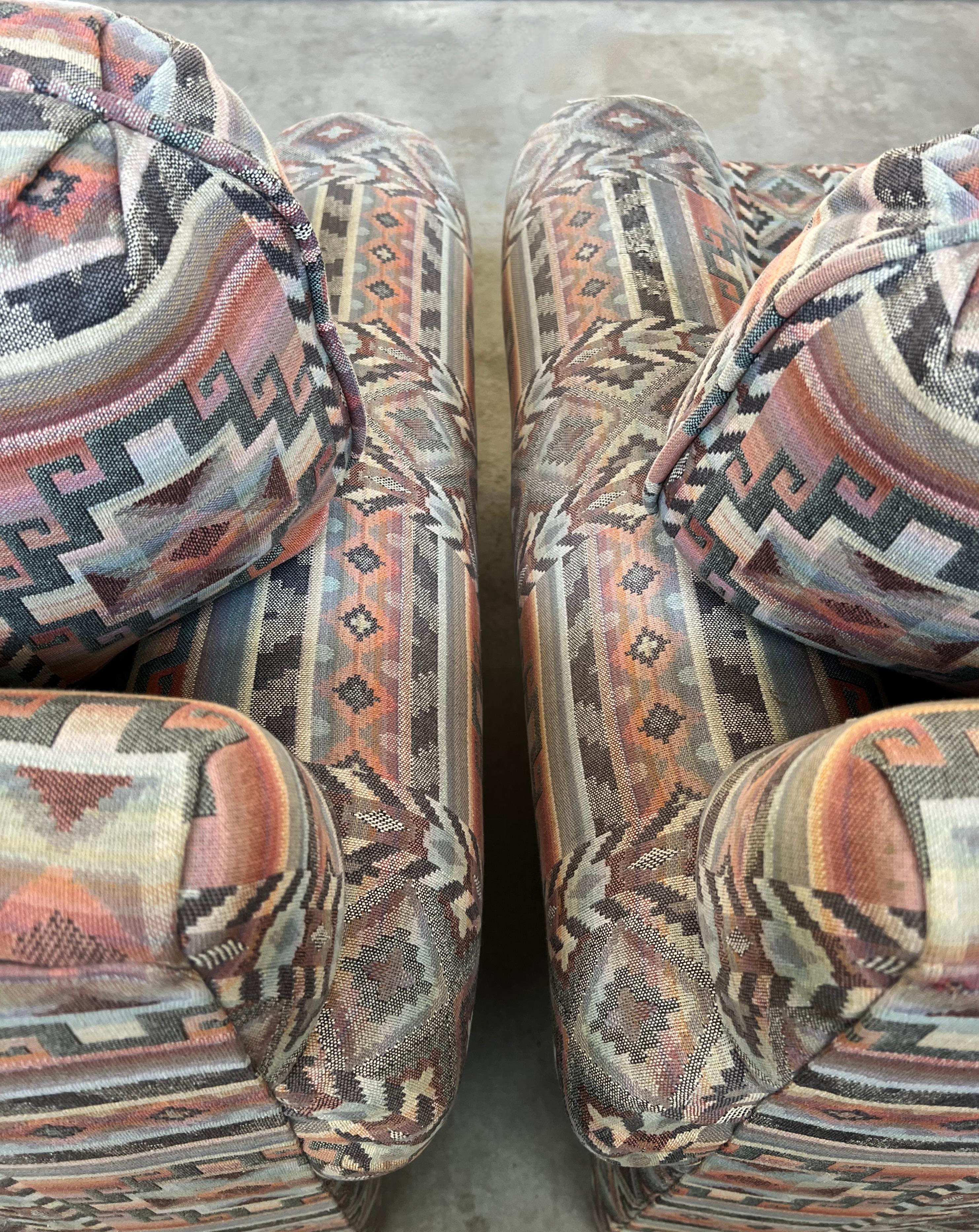 Custom Made Rolling Upholstered Southwest Aztec Armchair - Set of Two For Sale 1