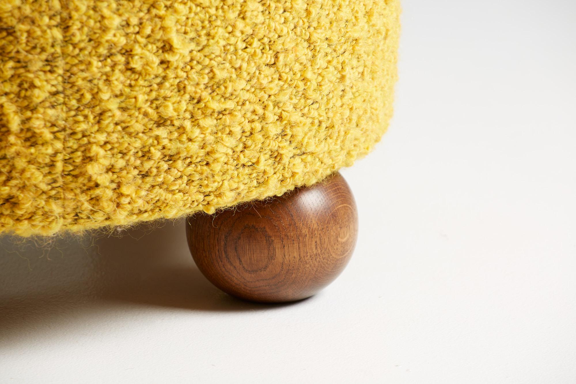 Scandinavian Modern Custom Made Round Boucle Ottoman with Oak Ball Feet For Sale