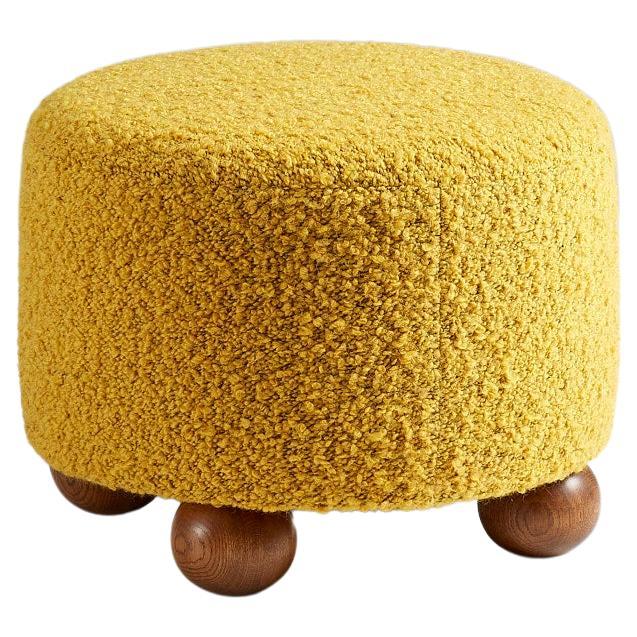 Custom Made Round Boucle Ottoman with Oak Ball Feet