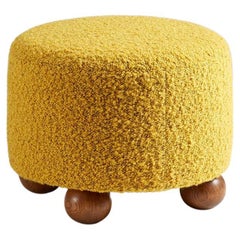 Custom Made Round Boucle Ottoman with Oak Ball Feet