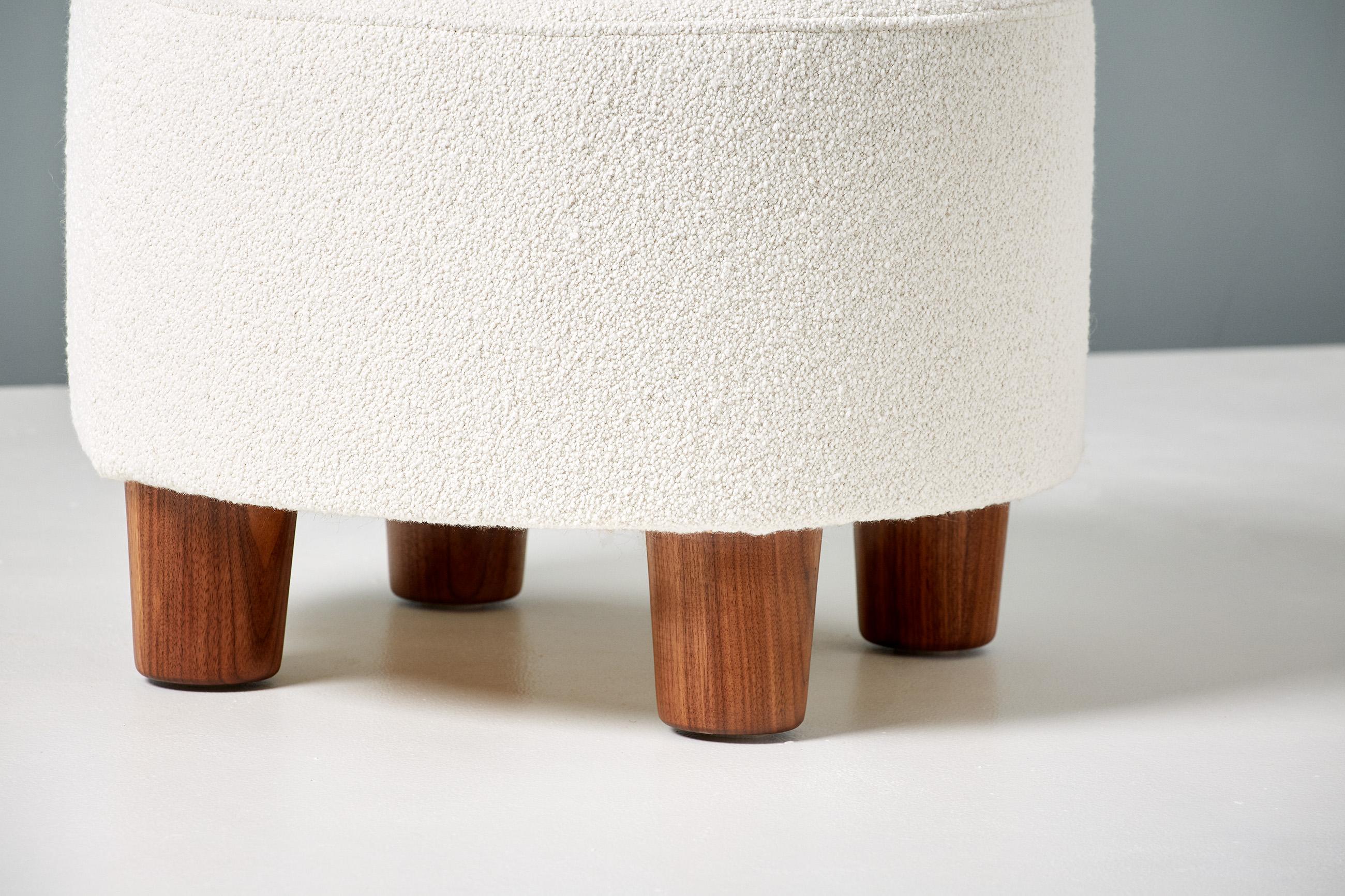 Scandinavian Modern Pair of Custom Made Round Boucle Ottomans with Walnut Legs For Sale
