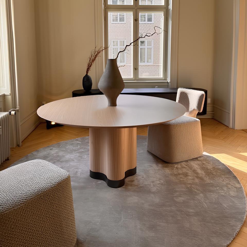 Custom Made Round Dining Table Sculptural Base In Walnut Wood/Rosewood Lacquer In New Condition For Sale In NEW YORK, NY