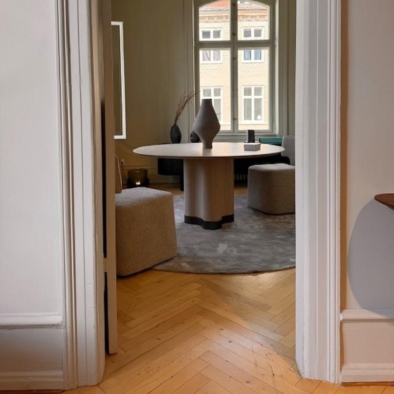 Contemporary Custom Made Round Dining Table Sculptural Base In Walnut Wood/Rosewood Lacquer For Sale