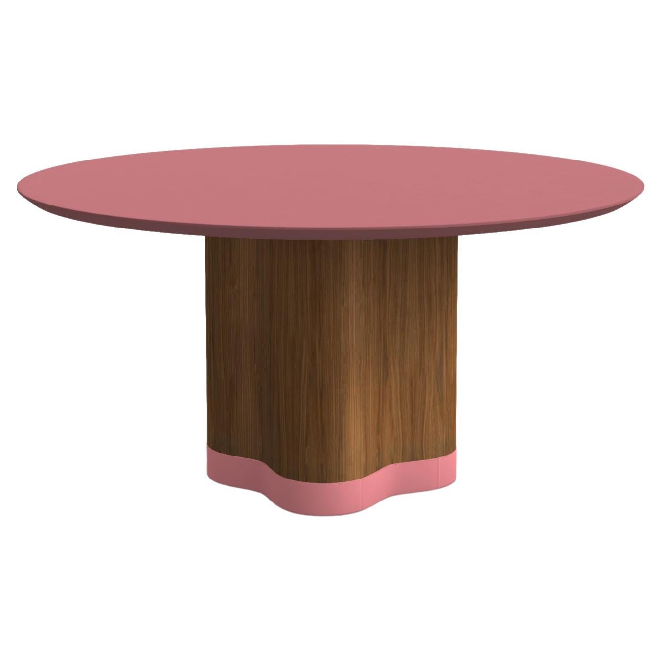 Tavolo da pranzo rotondo su misura con base scultorea in legno di noce/laccato in legno di rosa