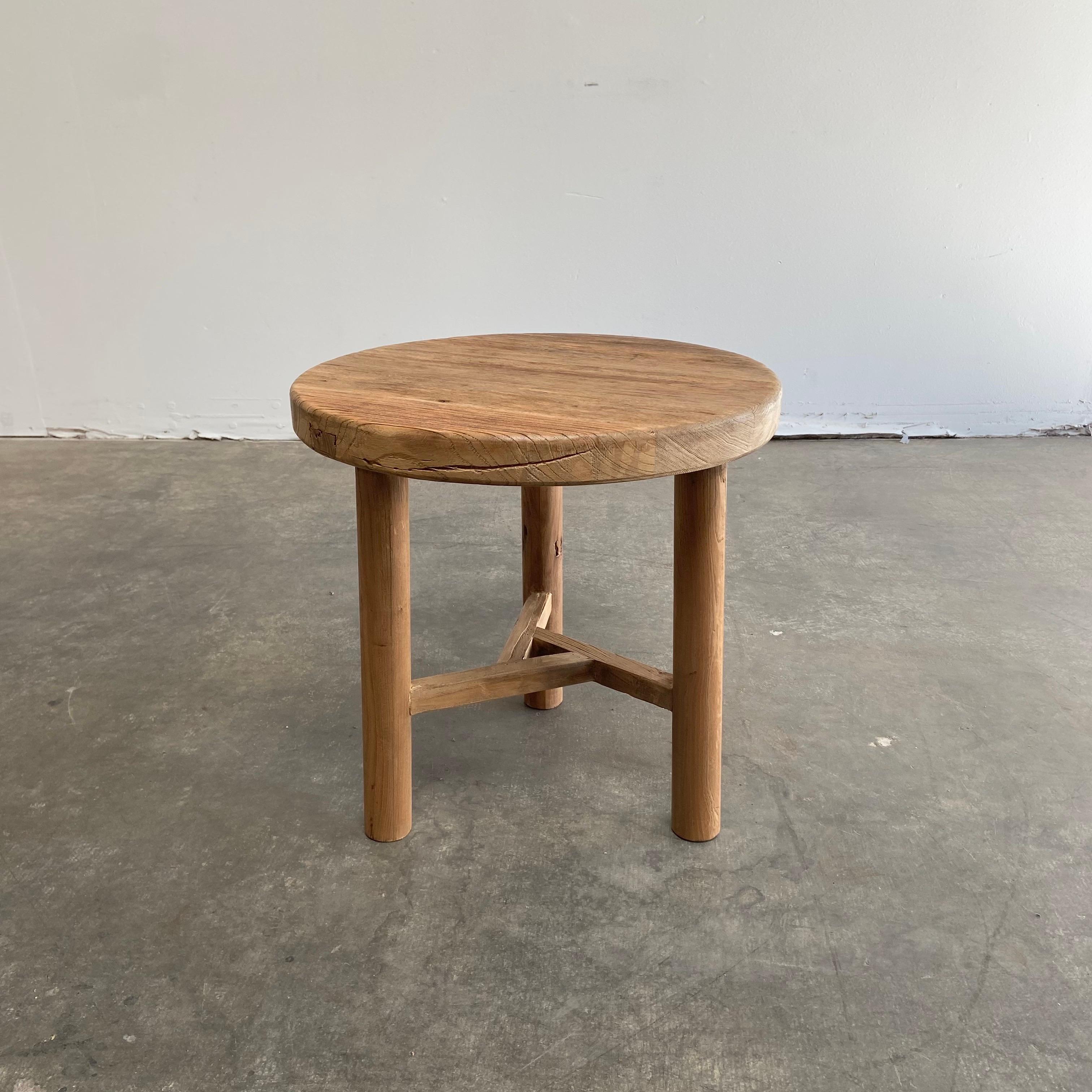 Custom Made Round Modern Reclaimed Elm Wood Side Table For Sale 2