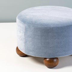 Custom Made Round Mohair Velvet Ottoman with Oak Ball Feet