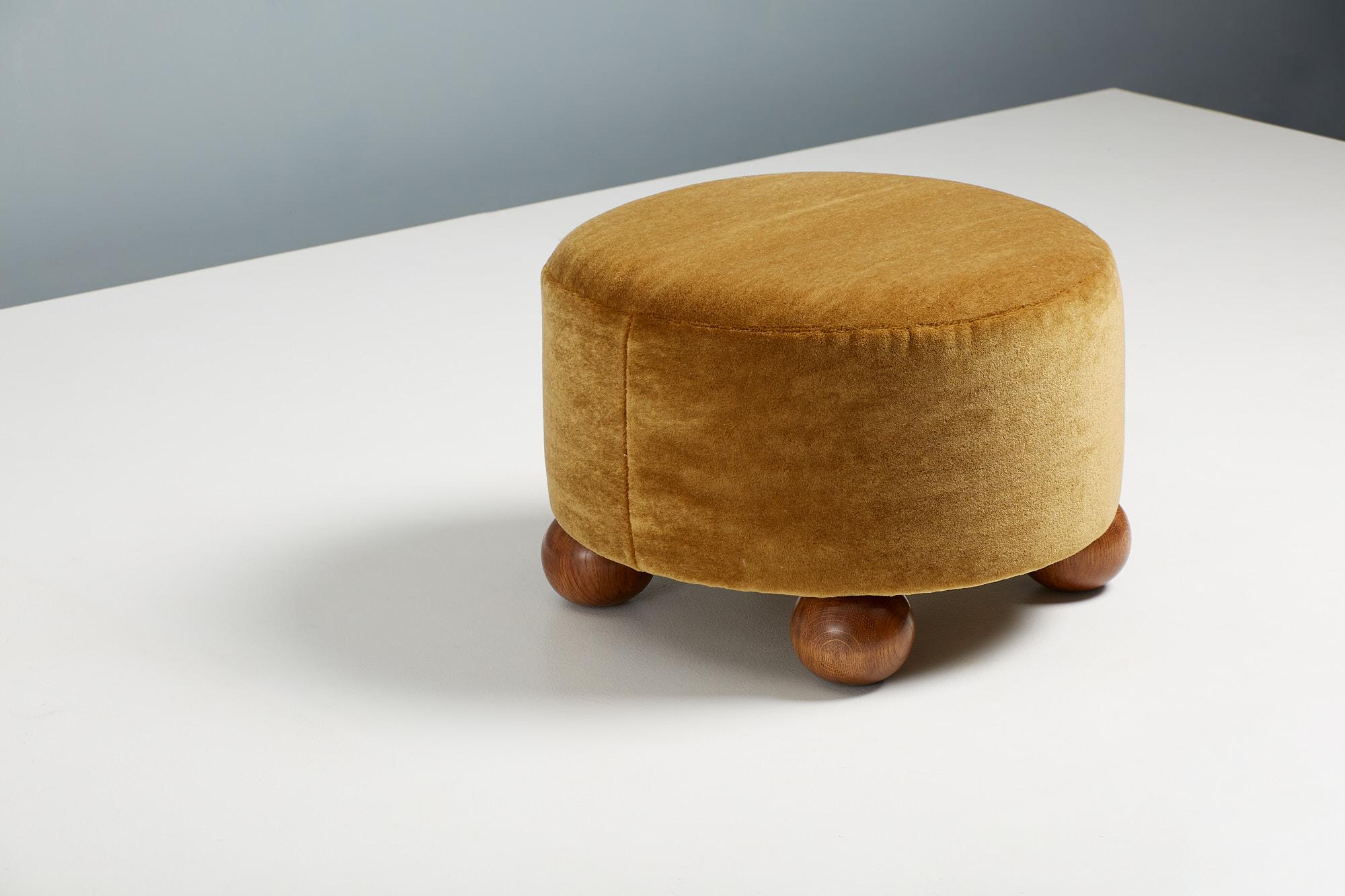Custom Made Round Mohair Velvet Ottoman with Oak Ball Feet In New Condition In London, GB