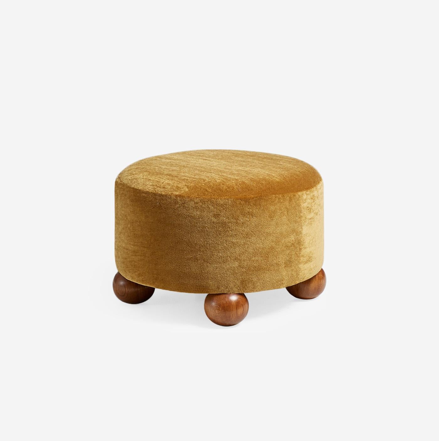 Custom Made Round Mohair Velvet Ottoman with Oak Ball Feet In New Condition For Sale In London, GB