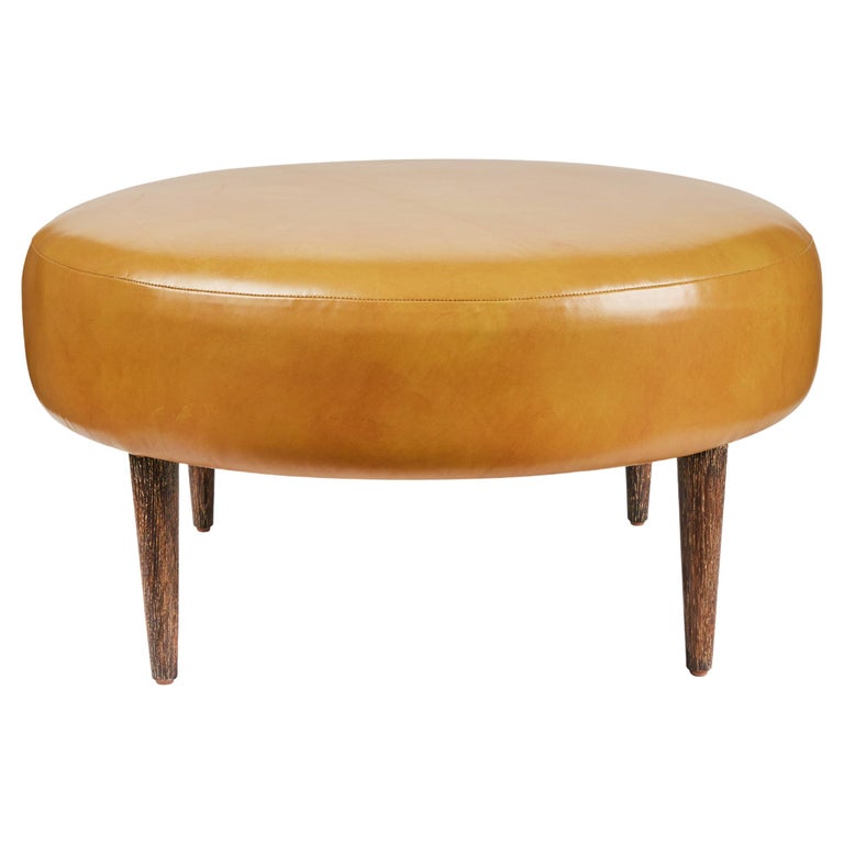 Custom Made Round Ottoman Newly Upholstered in Mustard Leather For Sale