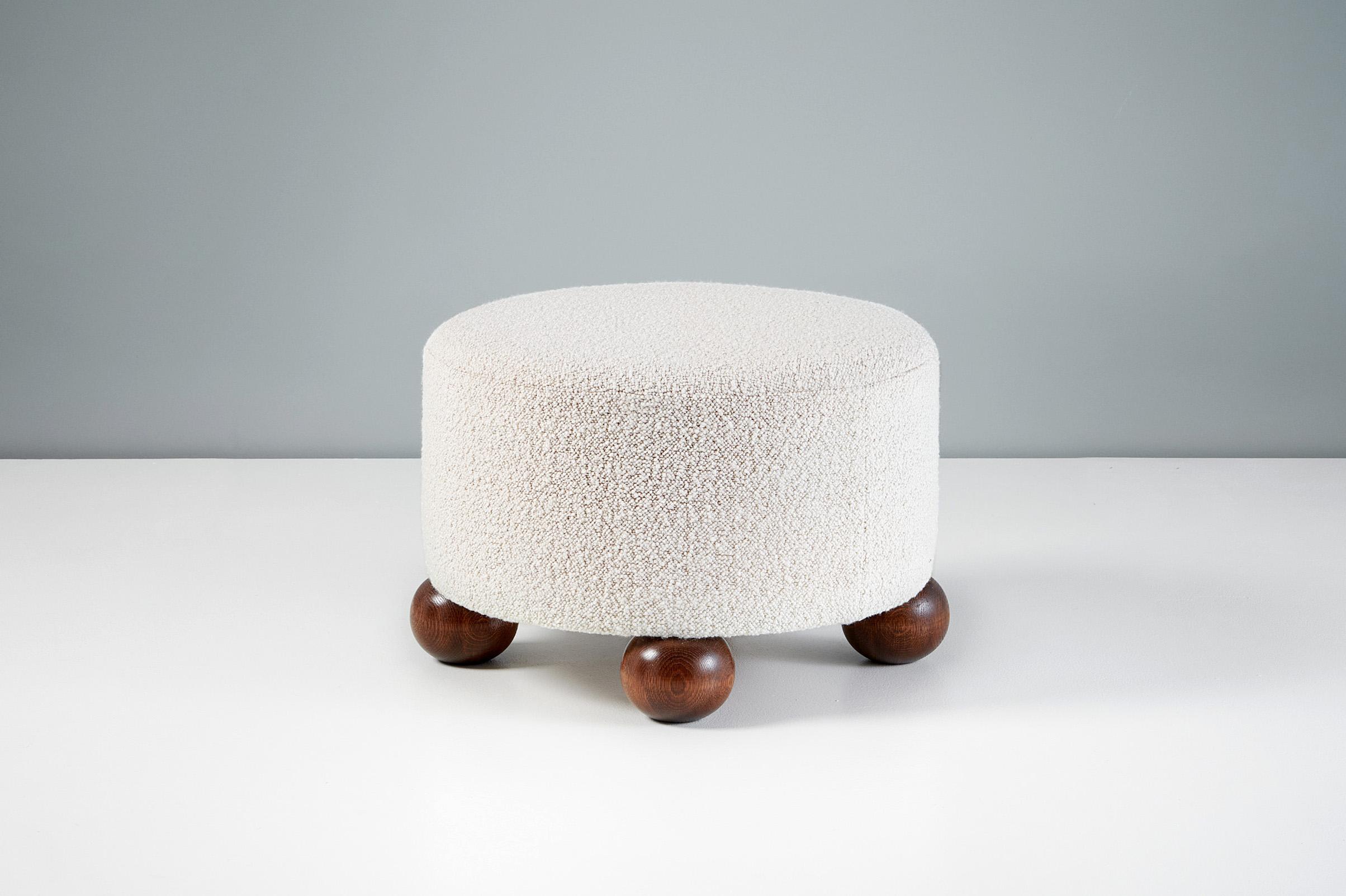 British Custom Made Round Ottoman with Oak Ball Feet. Available in COM For Sale