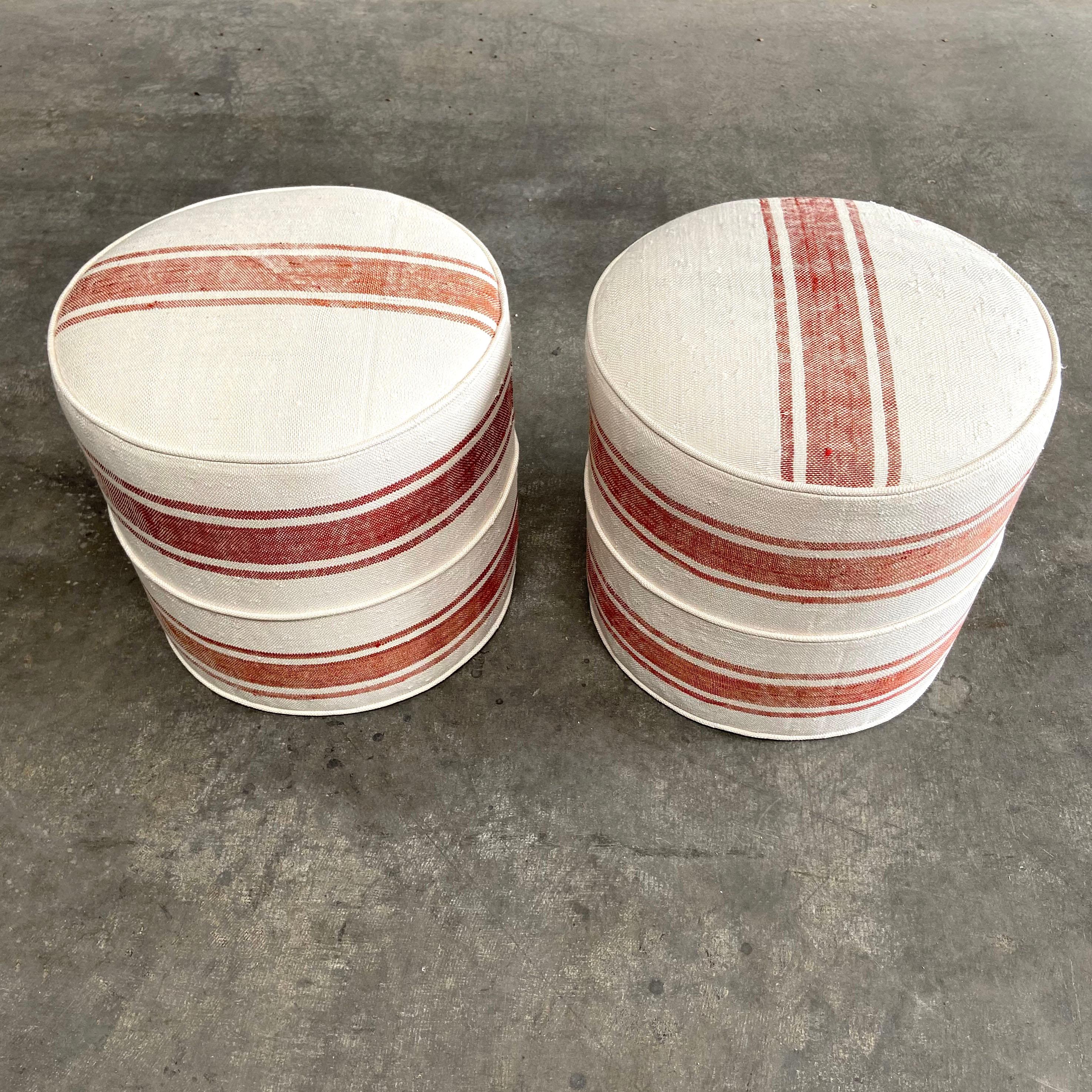 Wood Custom Made Round Ottomans from a Woven Sabra Silk Rug