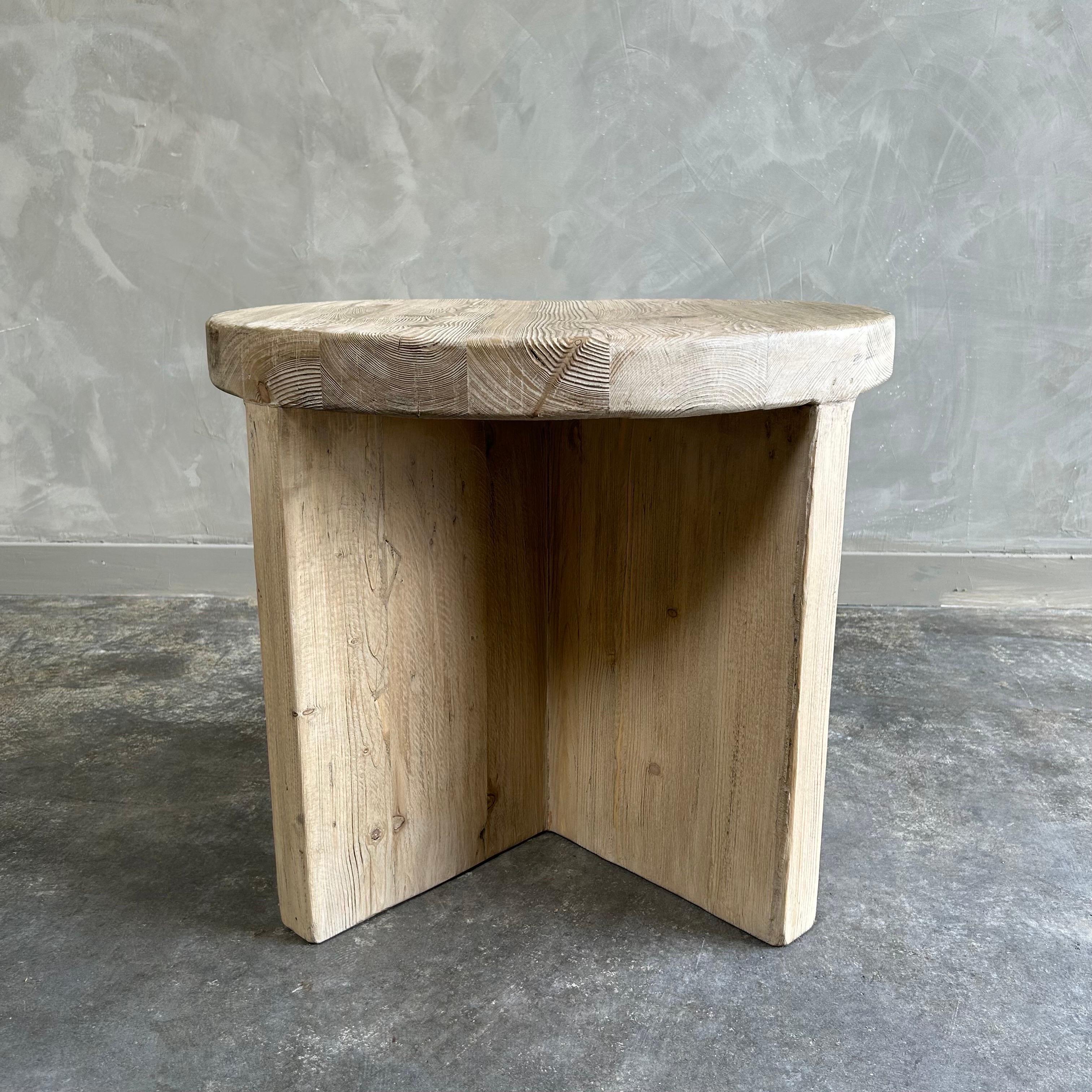 Organic Modern Custom Made Round Reclaimed Elm Wood Side Table with X base For Sale