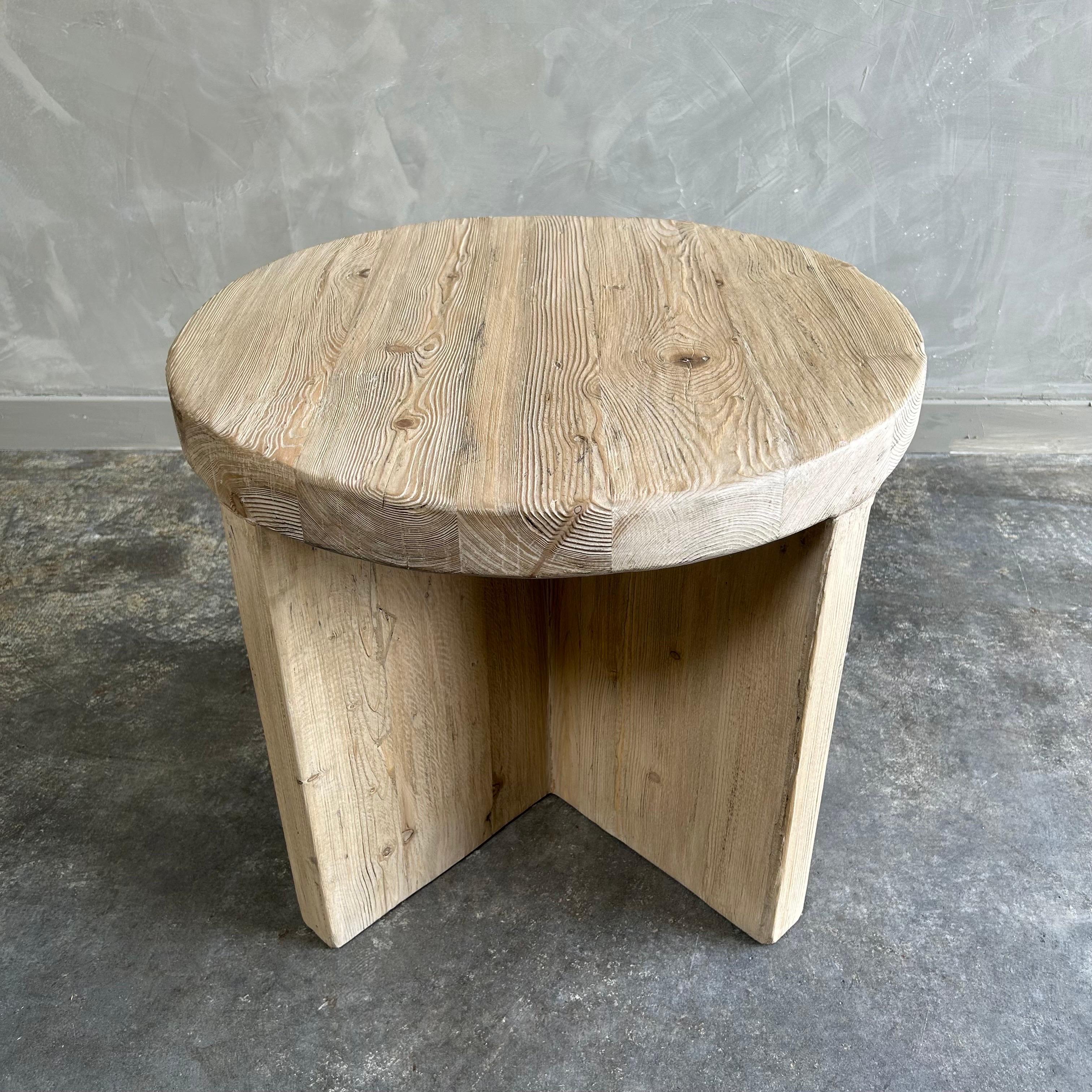 Custom Made Round Reclaimed Elm Wood Side Table with X base In Good Condition For Sale In Brea, CA