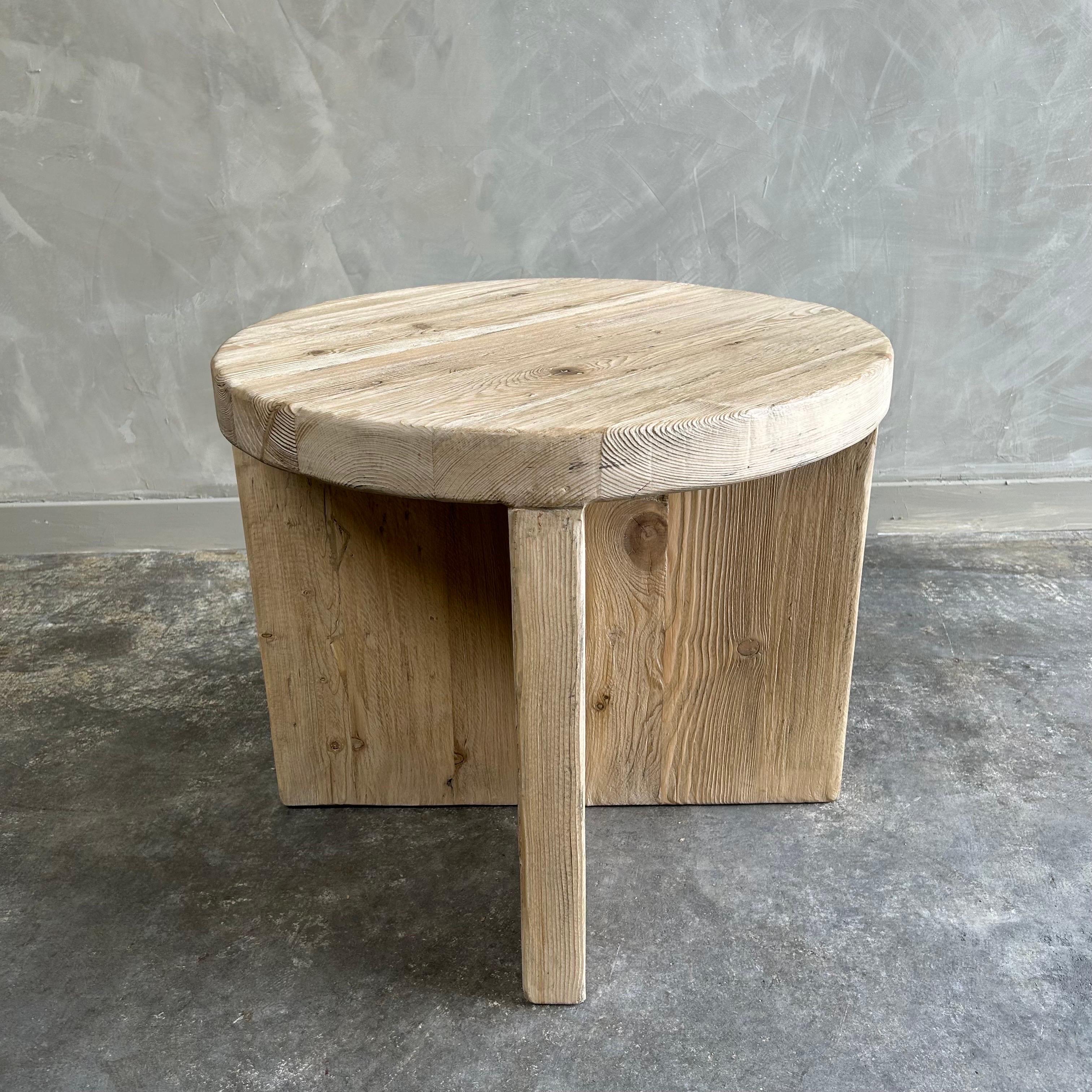 Contemporary Custom Made Round Reclaimed Elm Wood Side Table with X base