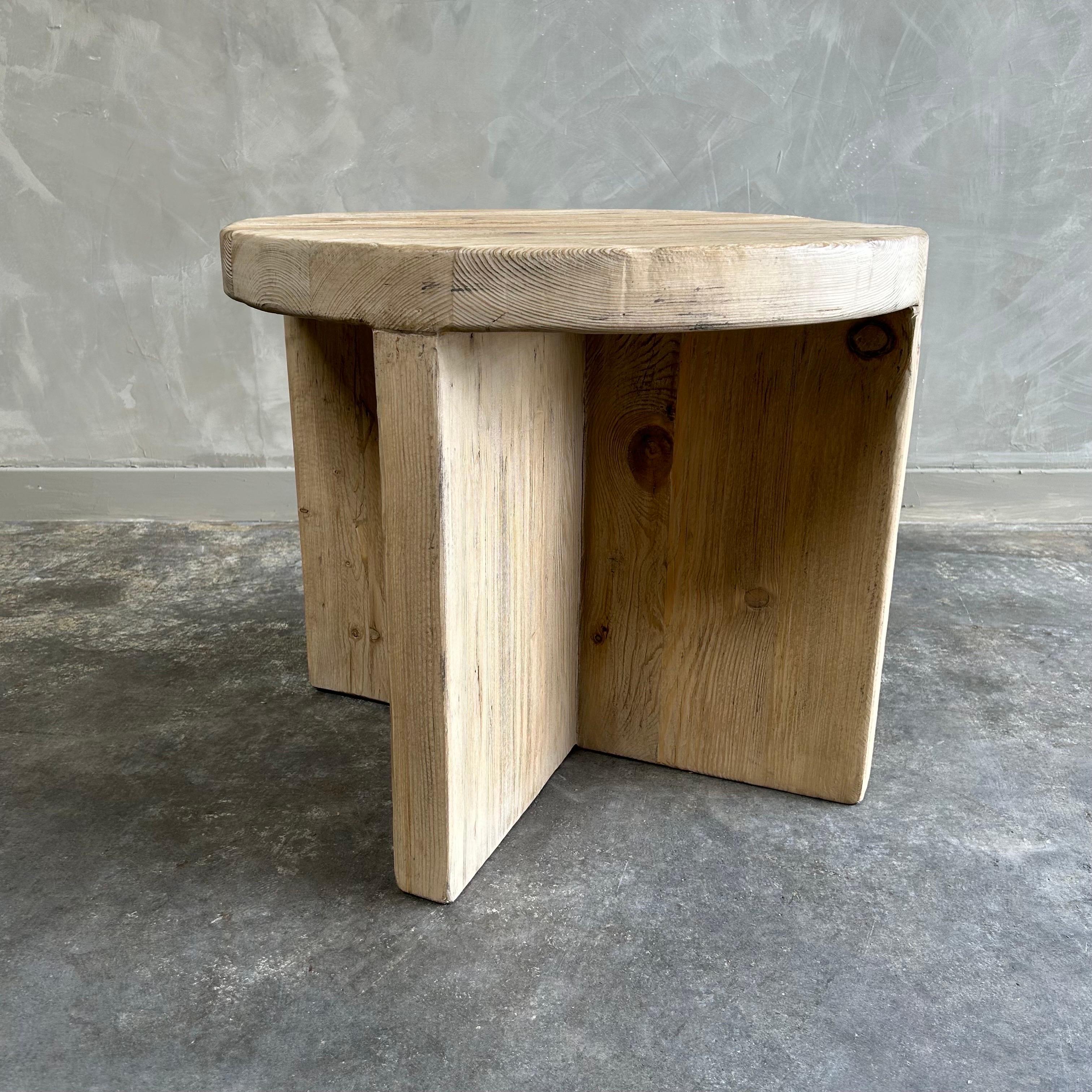 Custom Made Round Reclaimed Elm Wood Side Table with X base For Sale 4