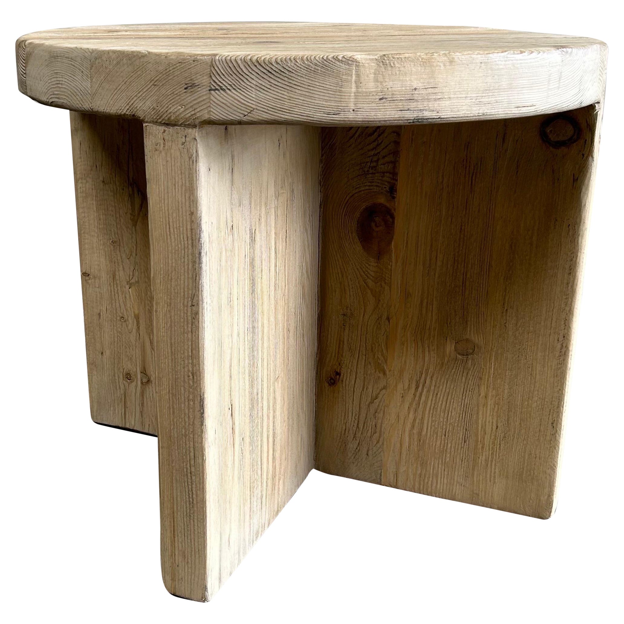 Custom Made Round Reclaimed Elm Wood Side Table with X base For Sale