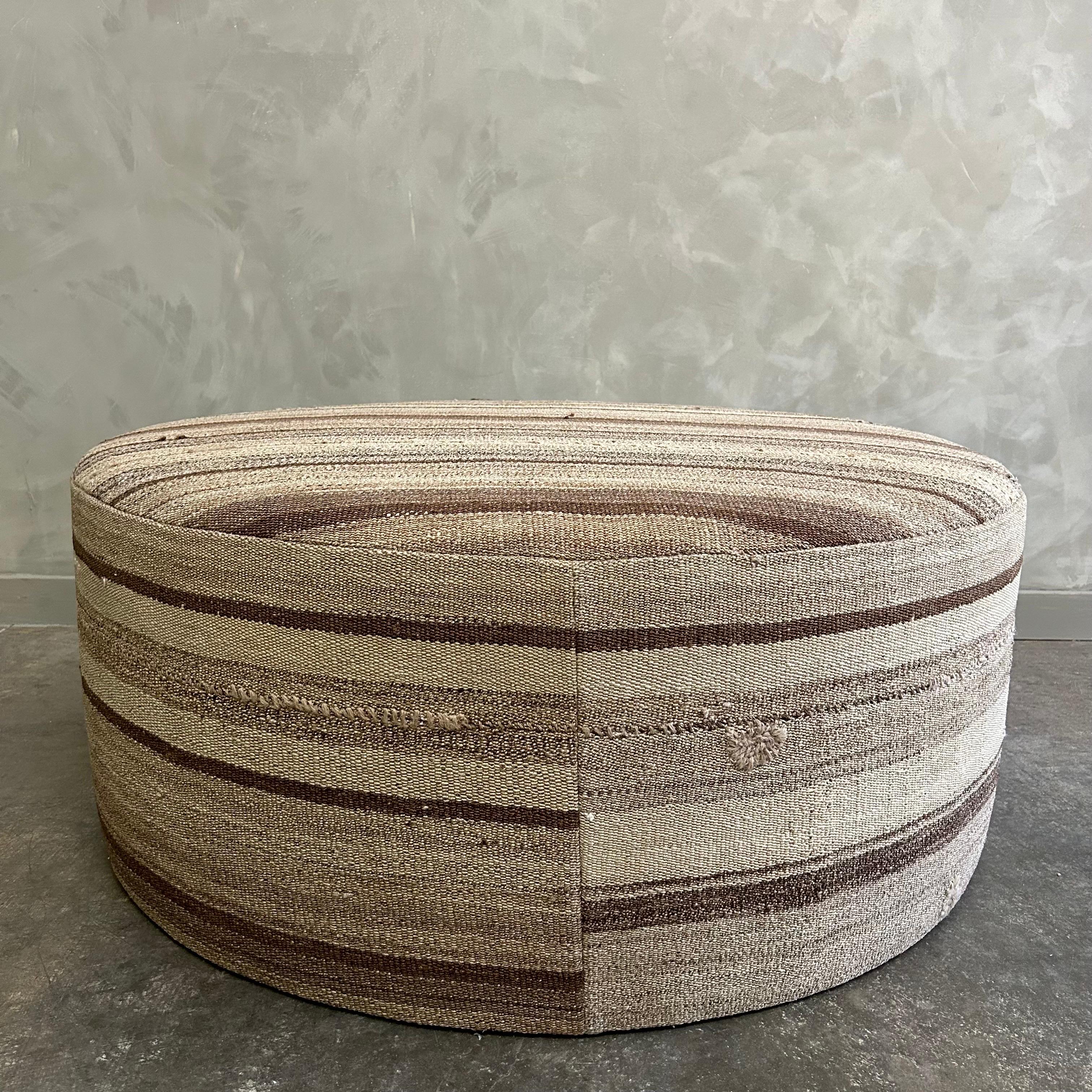 Custom Made Round Rug Cocktail Ottoman in Brown Stripe For Sale 4