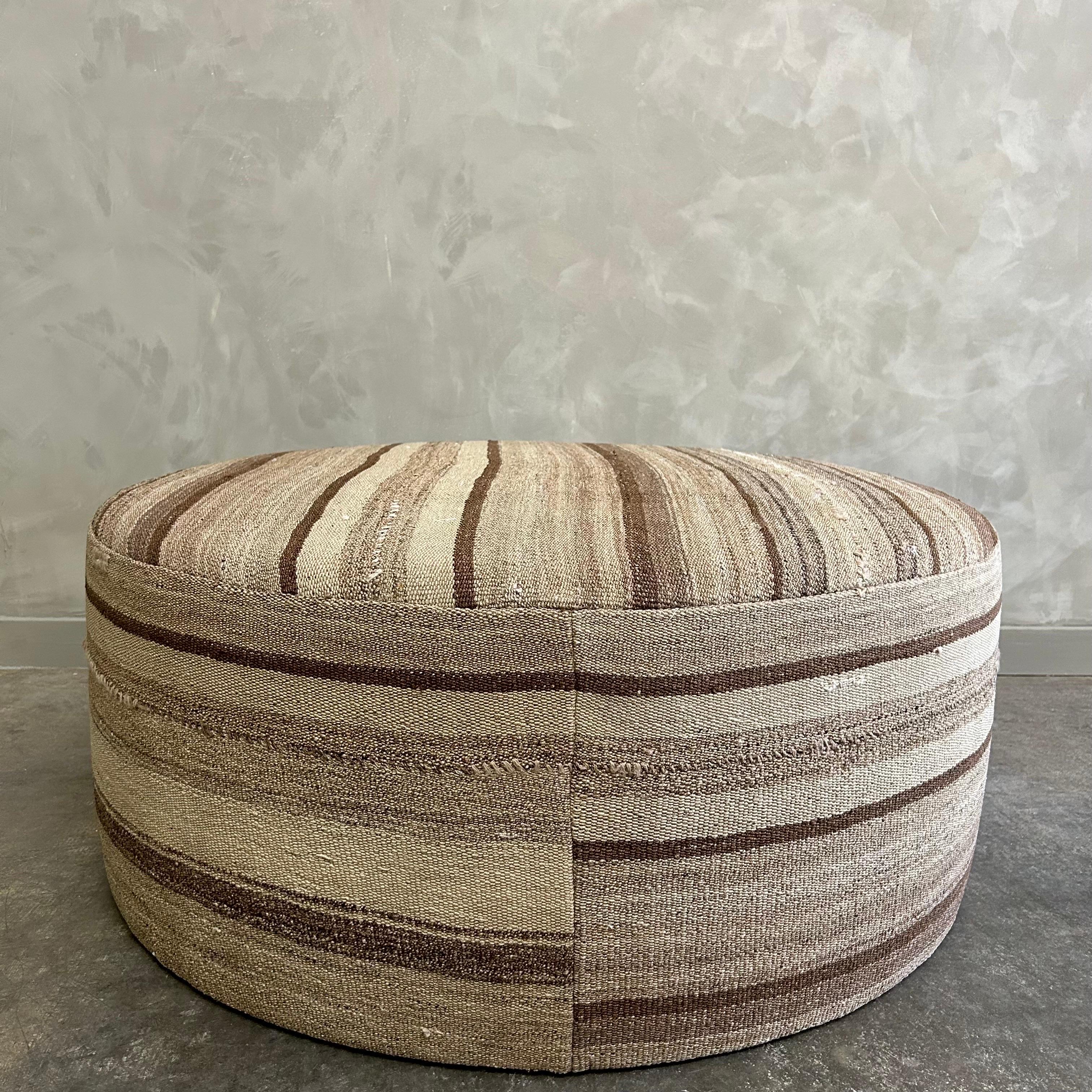 Custom Made Round Rug Cocktail Ottoman in Brown Stripe For Sale 7