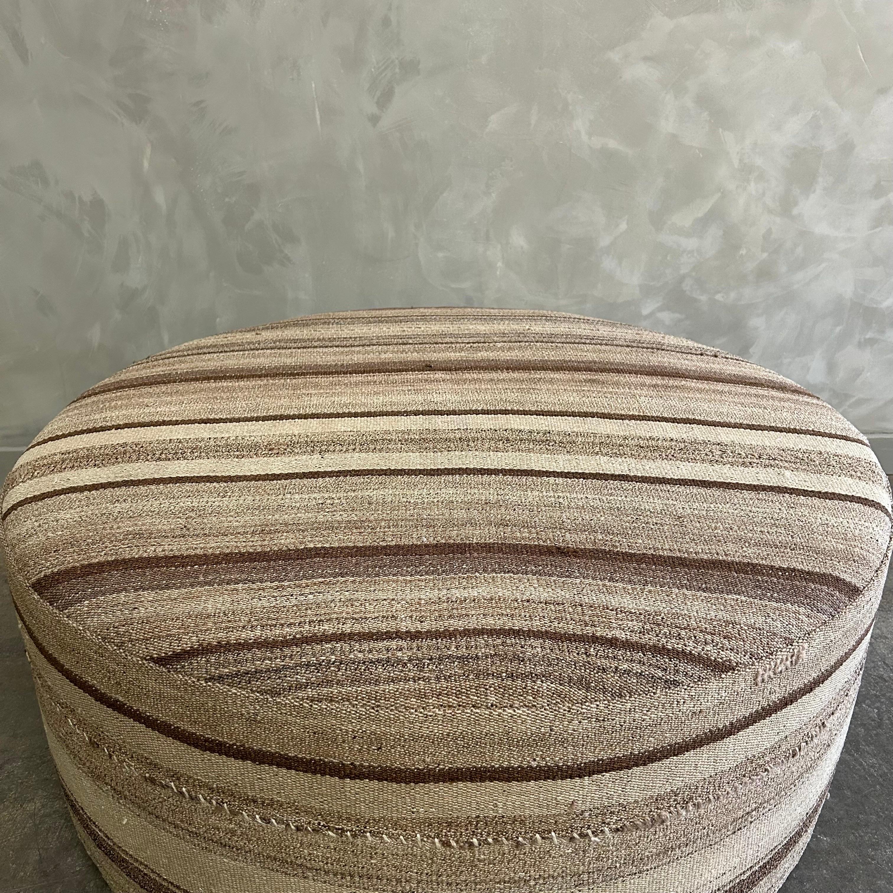 Contemporary Custom Made Round Rug Cocktail Ottoman in Brown Stripe For Sale