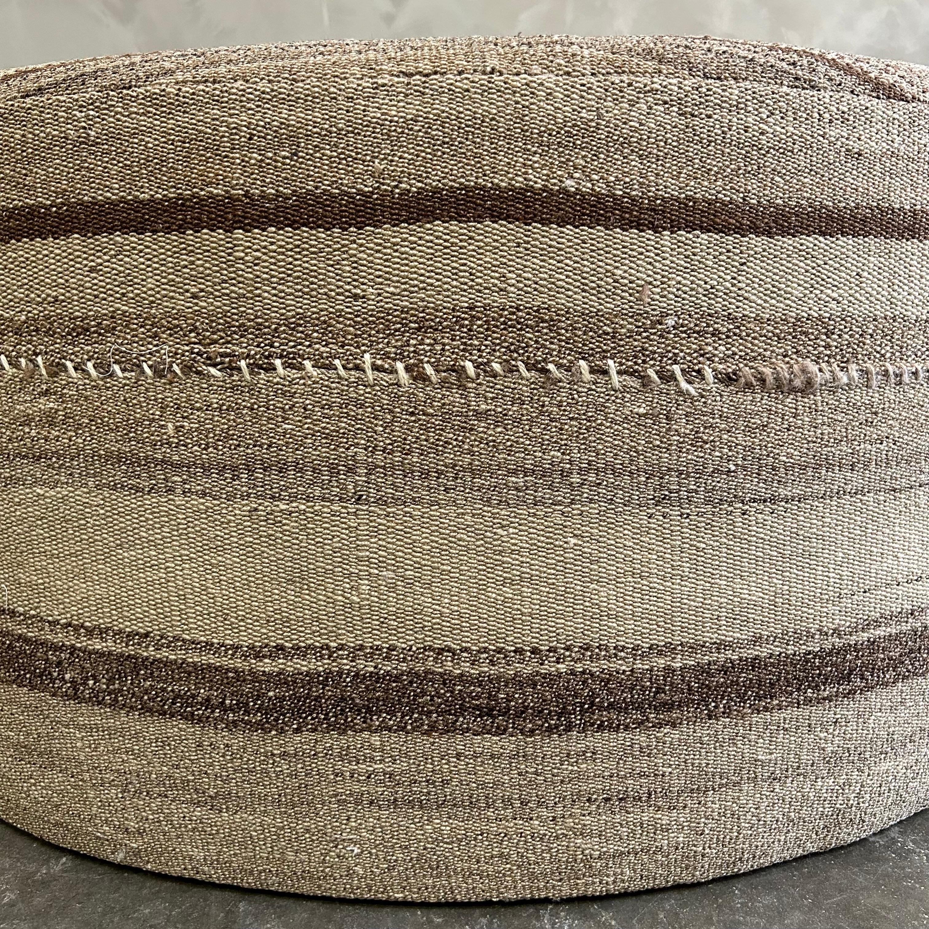 Wool Custom Made Round Rug Cocktail Ottoman in Brown Stripe For Sale