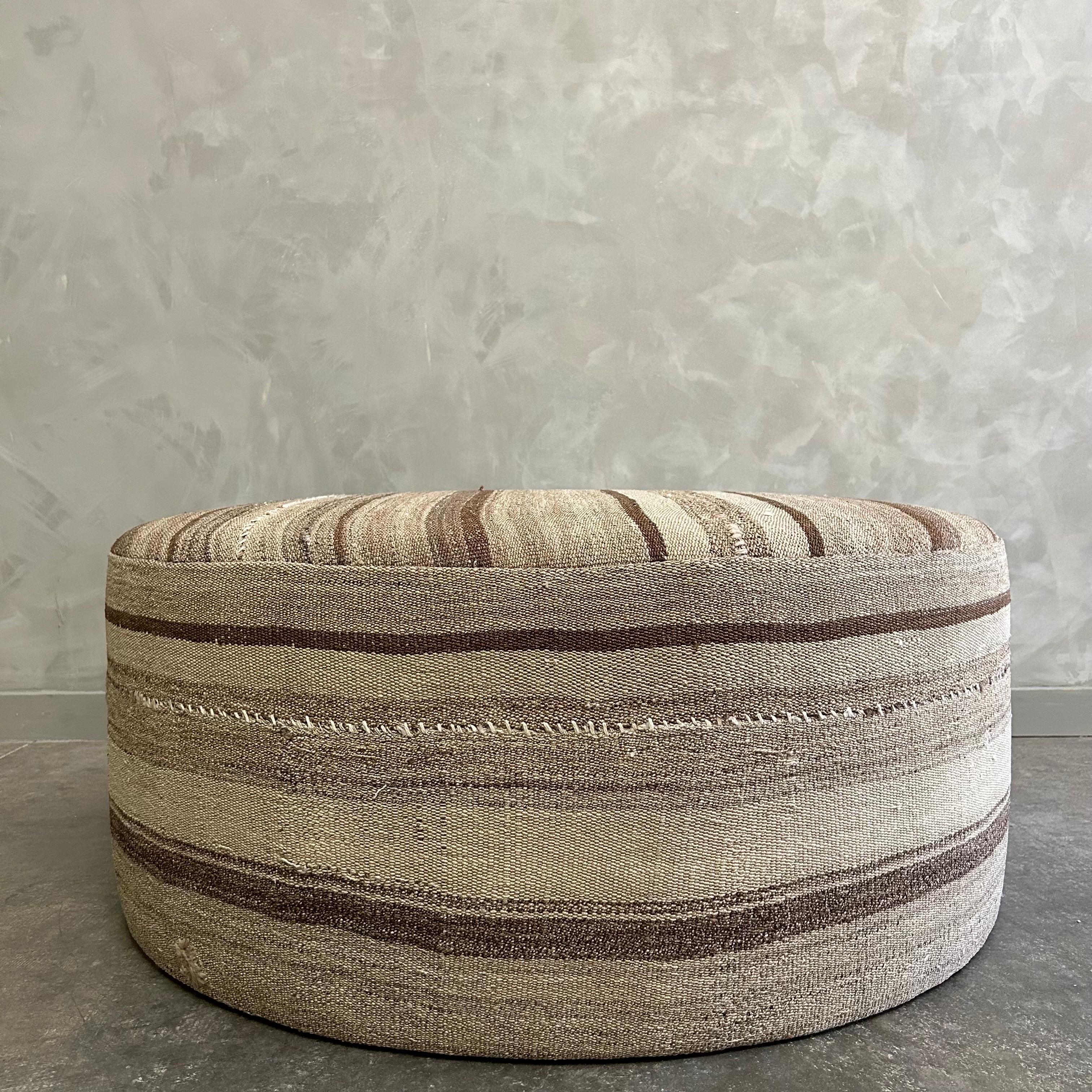 Custom Made Round Rug Cocktail Ottoman in Brown Stripe For Sale 2