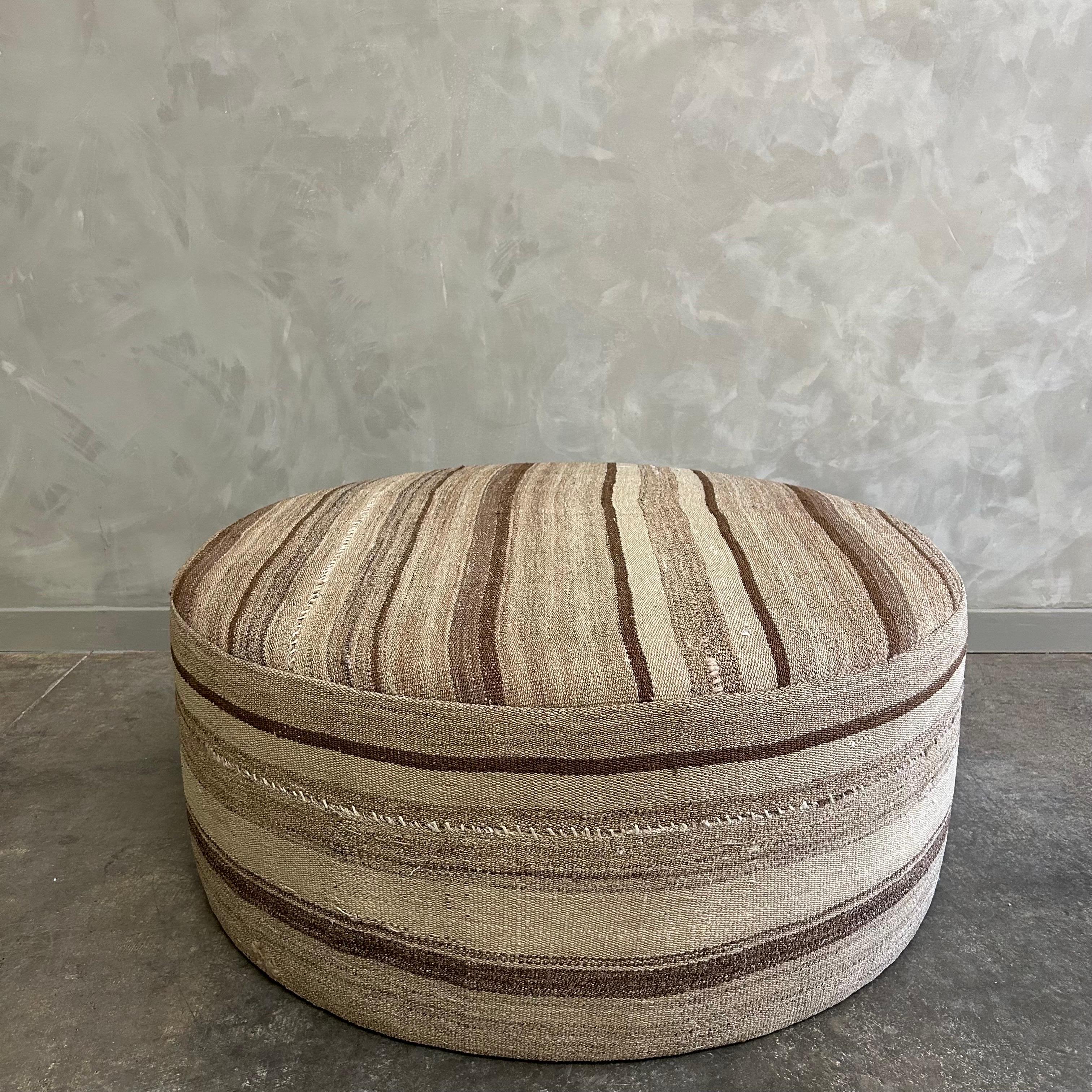 Custom Made Round Rug Cocktail Ottoman in Brown Stripe For Sale 3