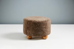 Custom Made Round Sheepskin Ottoman with Oak Ball Feet