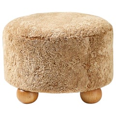 Antique Custom Made Round Sheepskin Ottoman with Oak Ball Feet