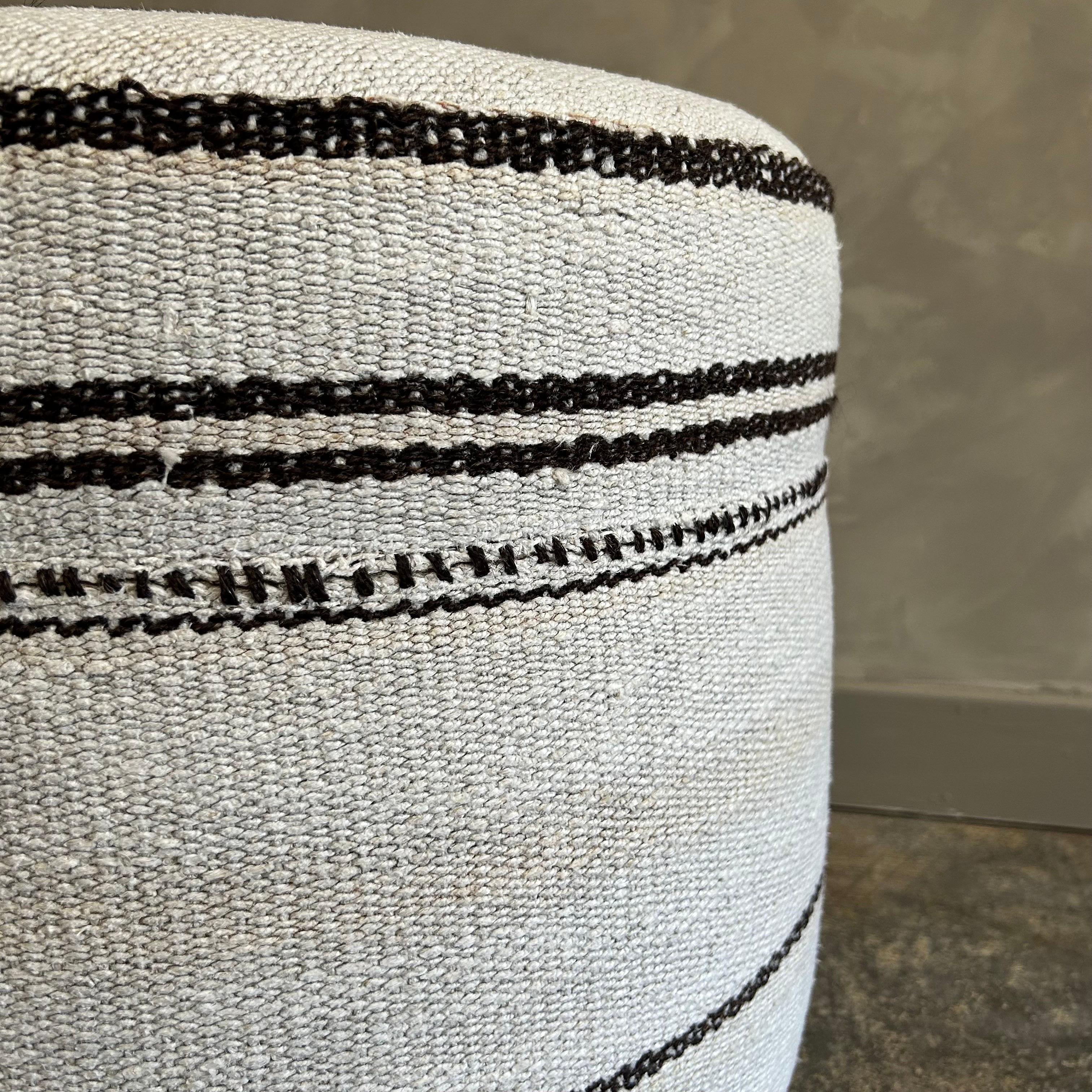 Custom Made Round Turkish Wool Pair of Ottomans with Stripes For Sale 5