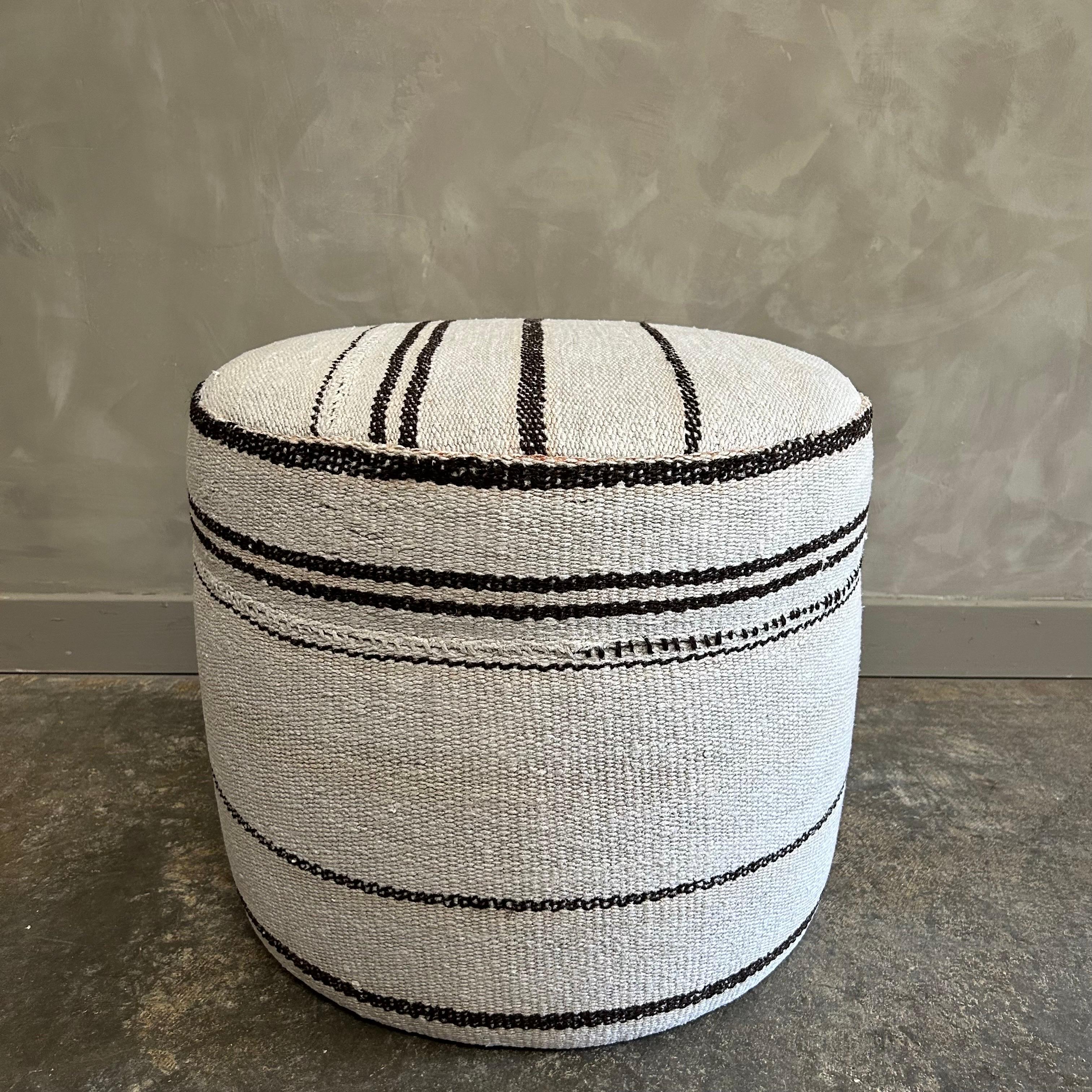 Custom Made Round Turkish Wool Pair of Ottomans with Stripes For Sale 8