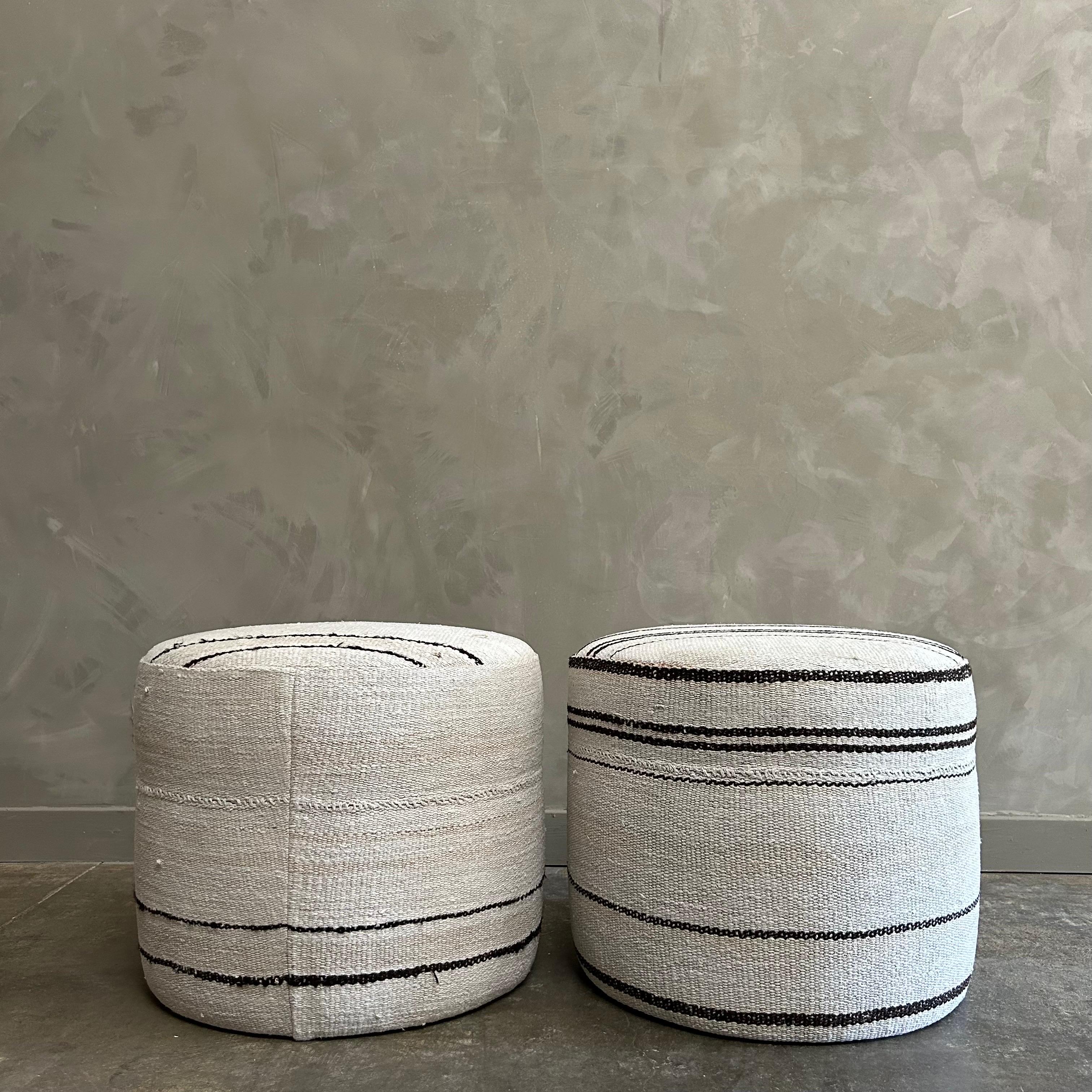 Organic Modern Custom Made Round Turkish Wool Pair of Ottomans with Stripes For Sale