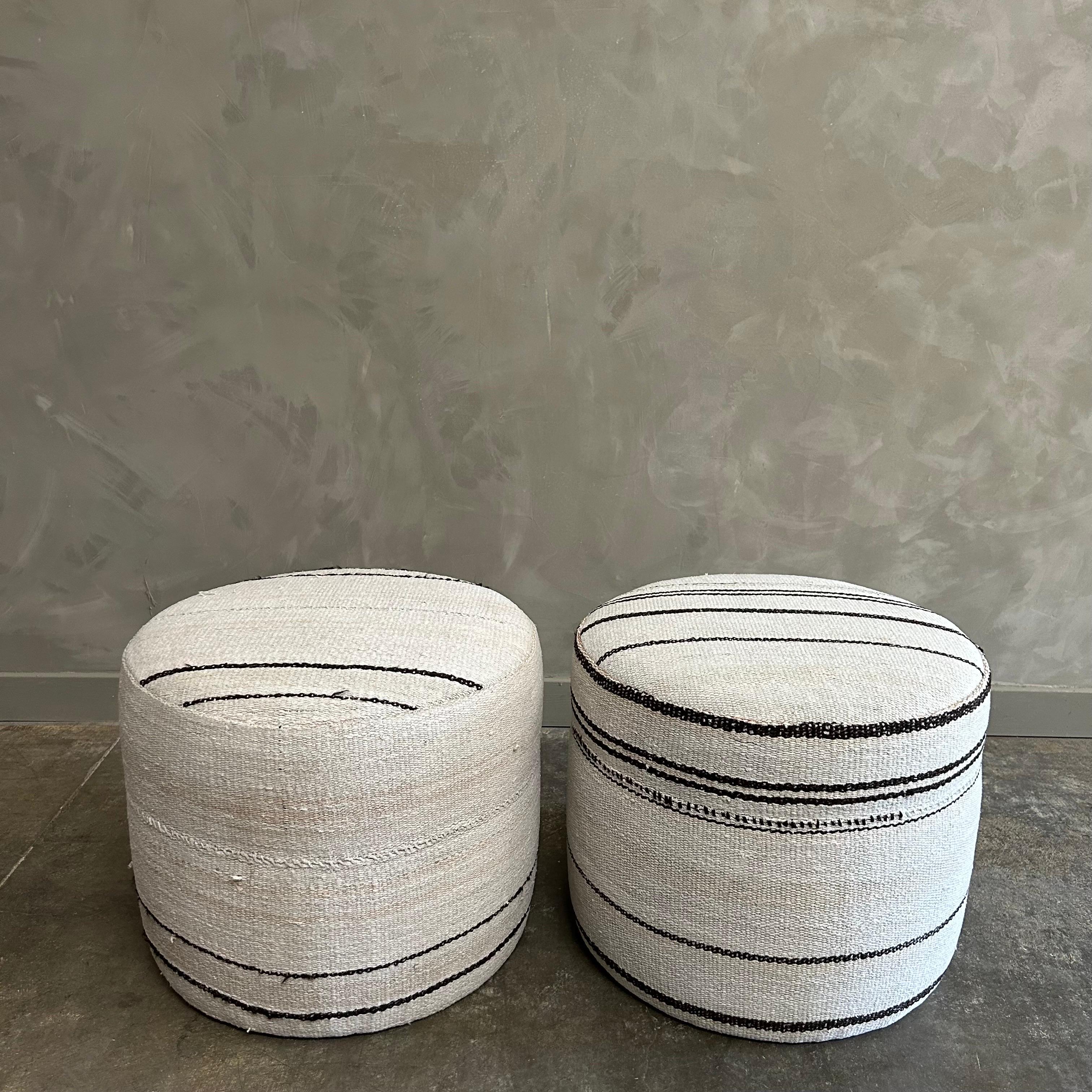 Contemporary Custom Made Round Turkish Wool Pair of Ottomans with Stripes For Sale