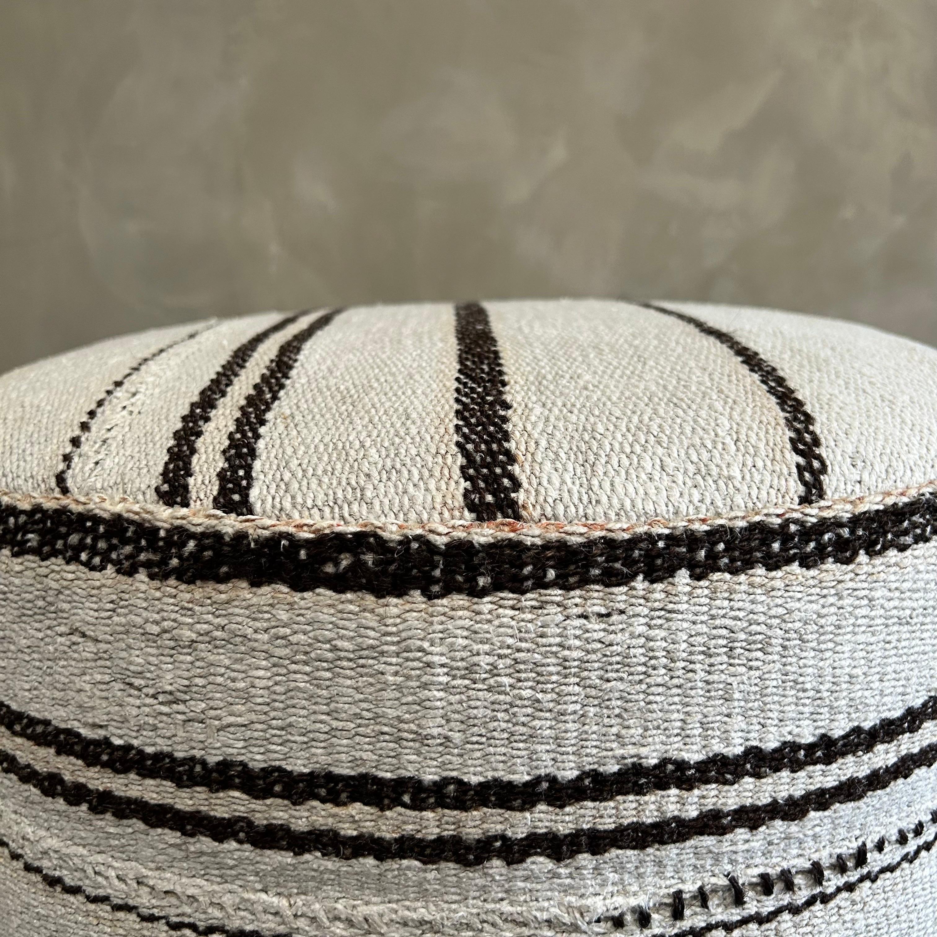 Custom Made Round Turkish Wool Pair of Ottomans with Stripes For Sale 4