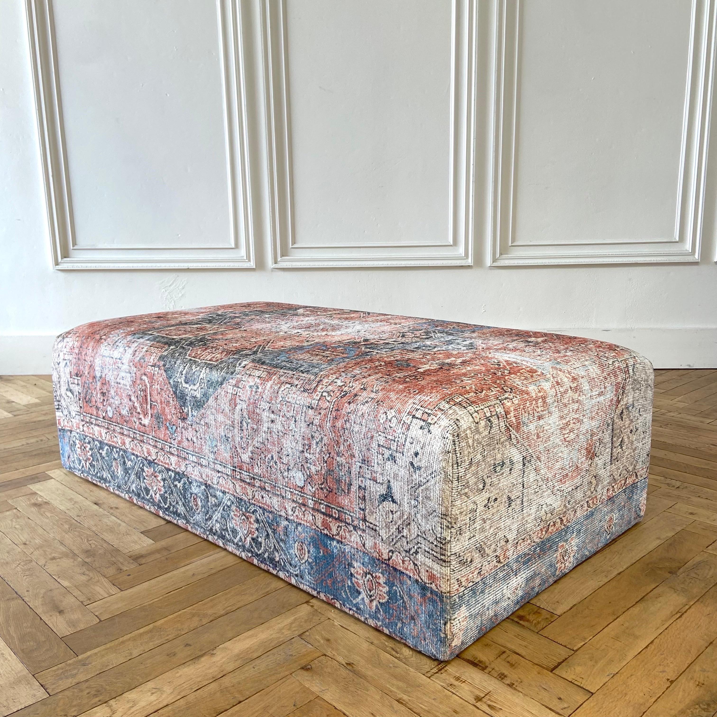 Custom made cube style ottoman. This can be remade and ordered to any size. The rug we are using is a new 